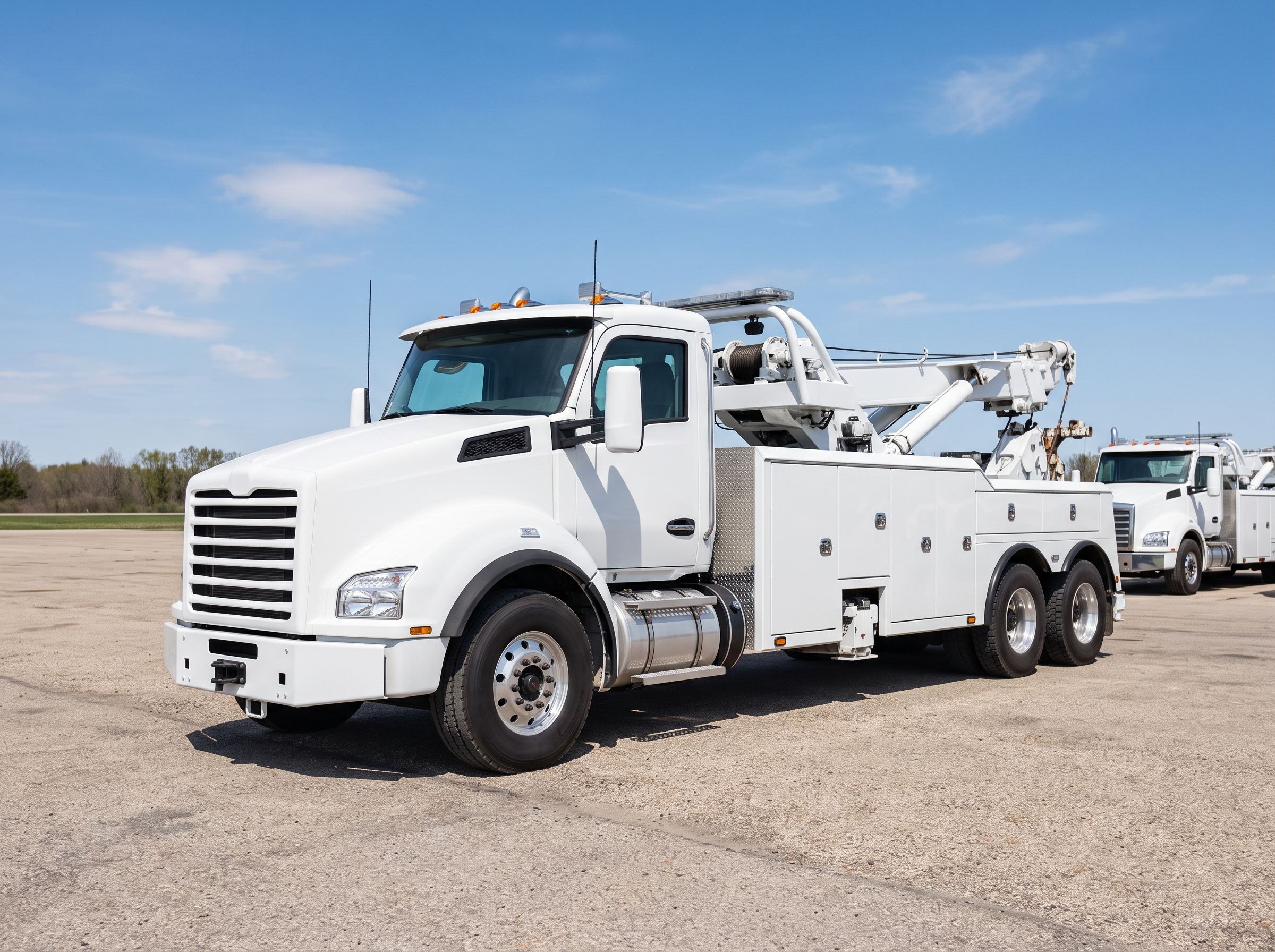 Clean white heavy-duty wrecker truck with its boom resting in its cradle parked in a bright open yard under a blue sky.