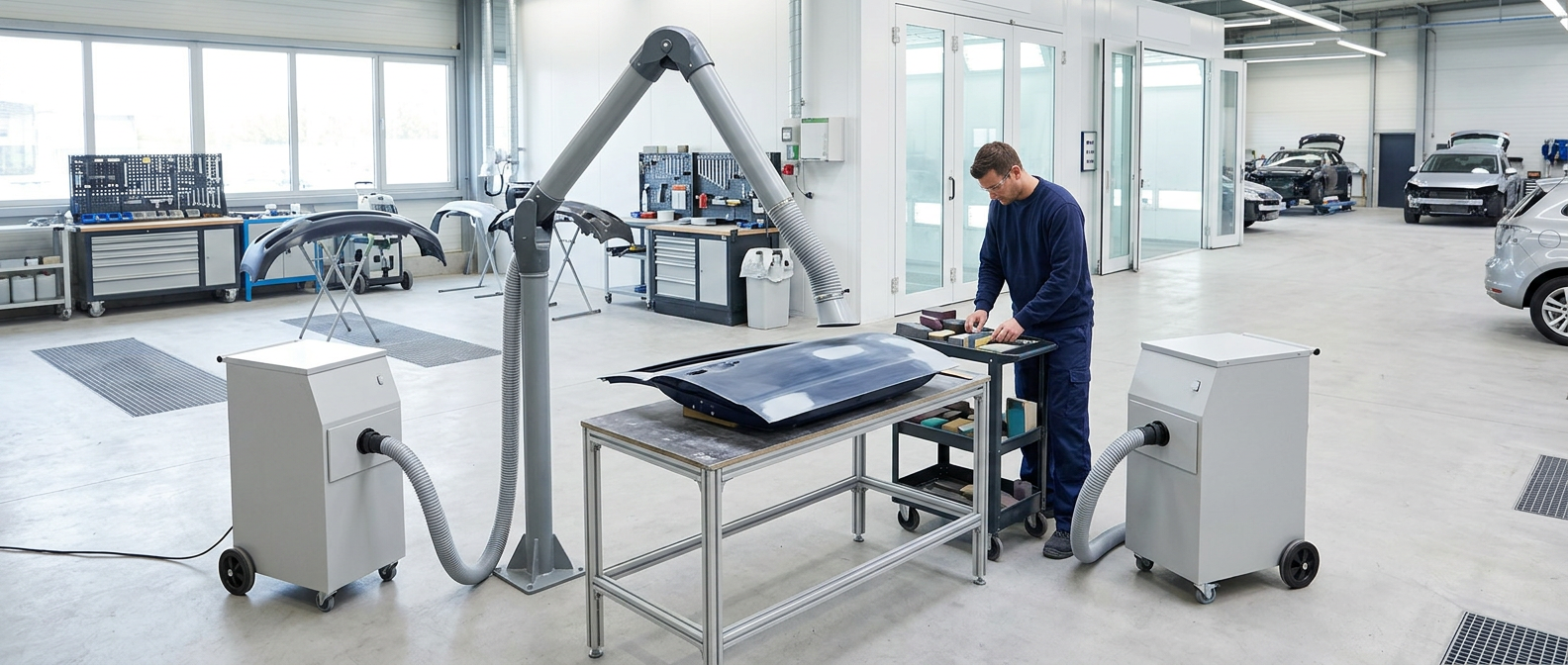 Clean body shop sanding workspace with a dust extraction arm and a mobile dust extractor beside the workbench.