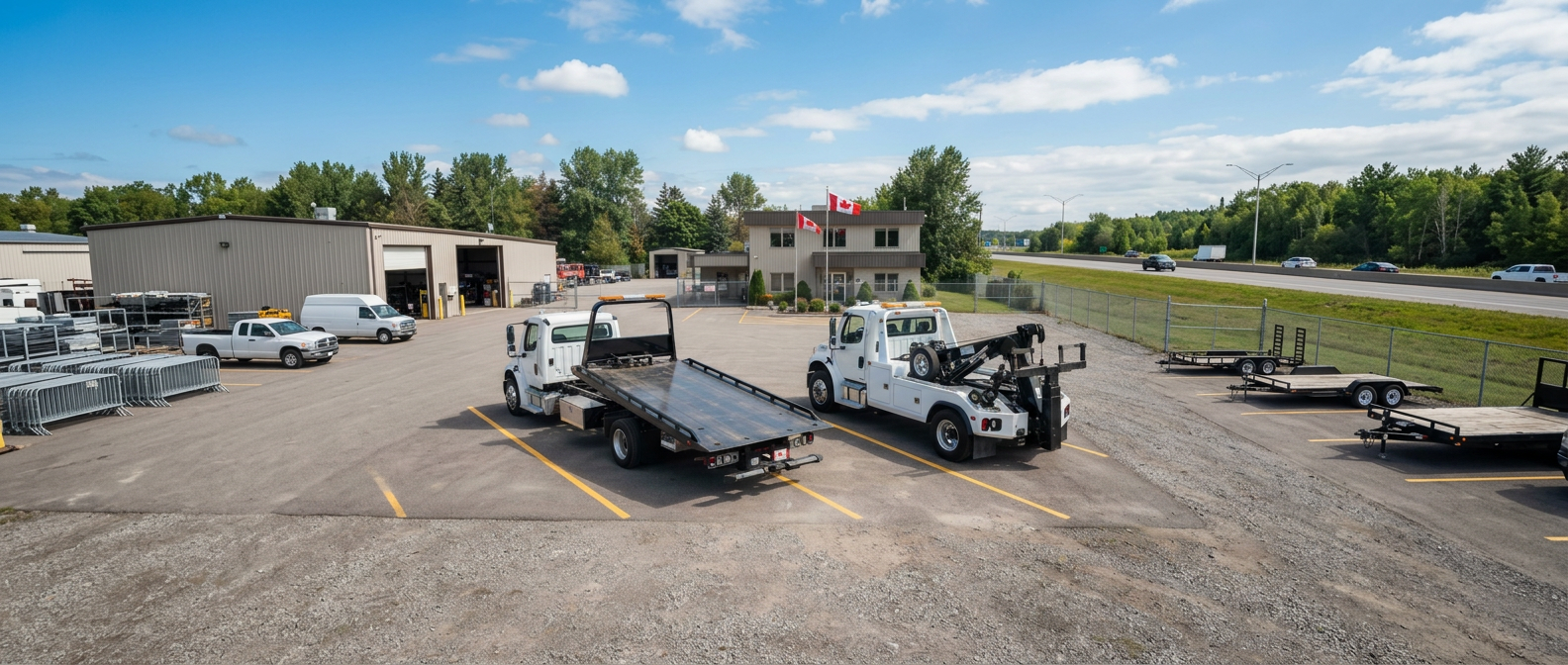 Bright towing company yard with a row of clean unbranded towing equipment — a flatbed carrier, a light-duty wrecker and a heavy-duty wrecker — in painted lanes under a blue sky.