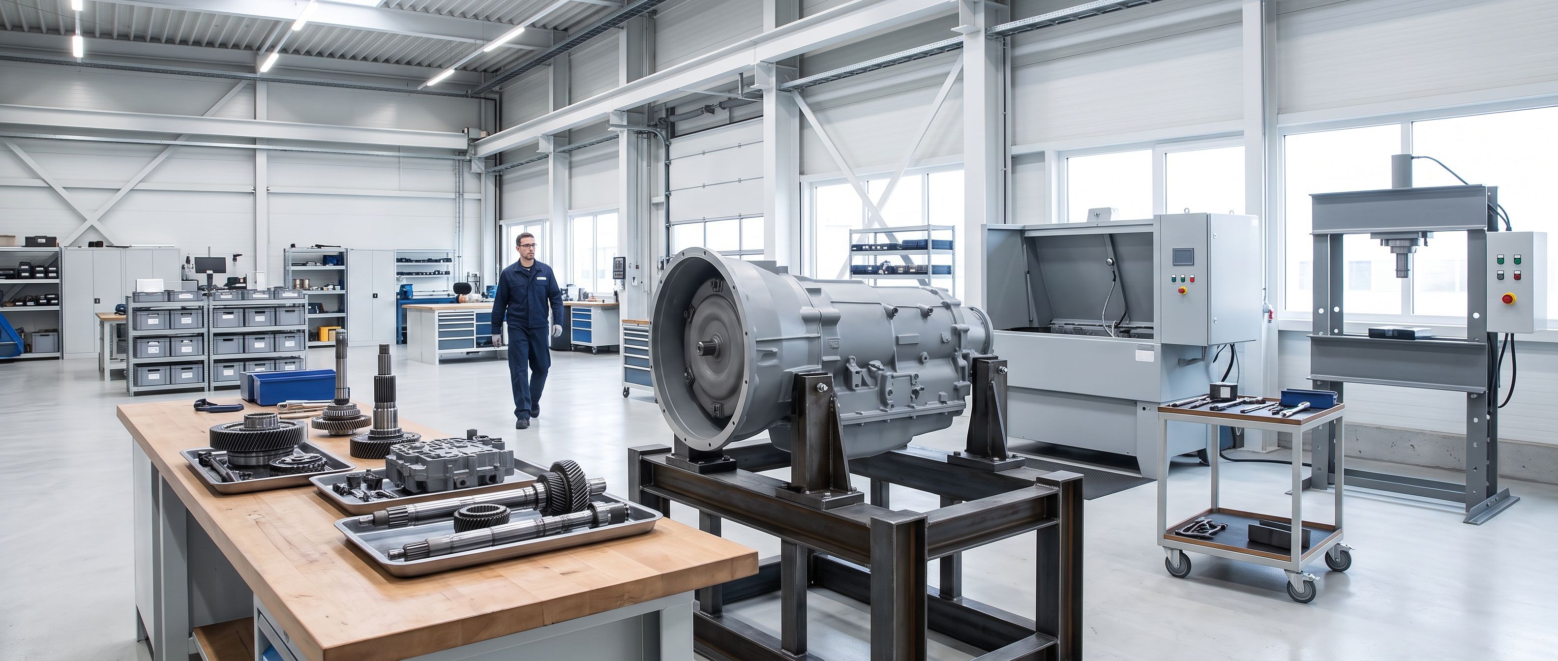 Bright heavy-duty workshop with a large commercial truck transmission on a heavy floor stand, a shop crane at rest and component bins in the background.