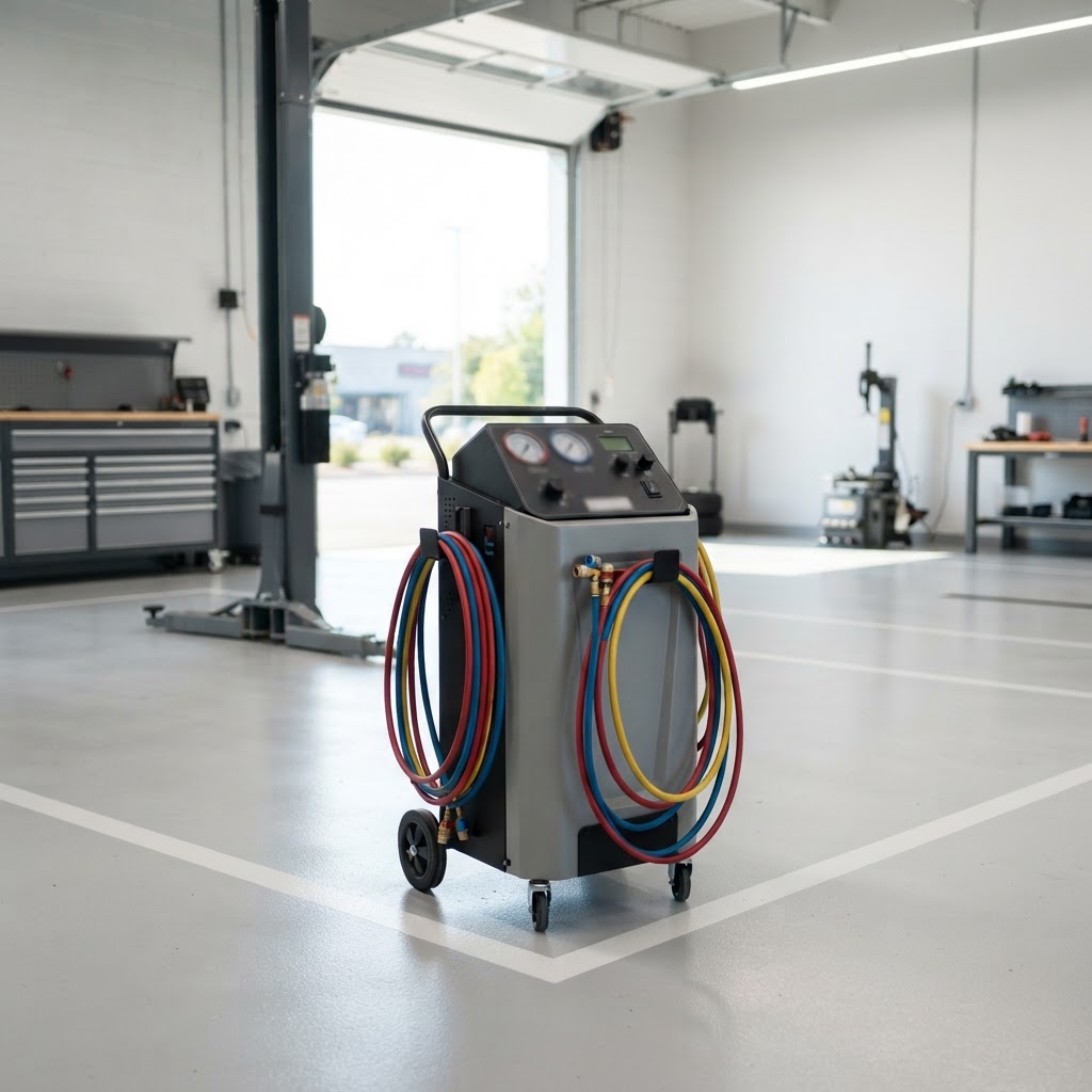 Professional A/C flush machine and service cart standing at rest in a bright modern automotive service bay, hoses neatly stored, no vehicle connected.