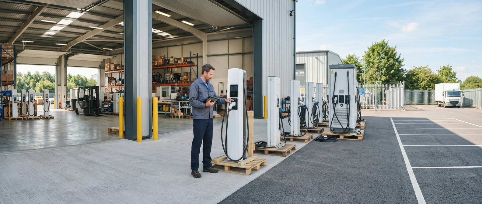 Wide daylight view of a commercial equipment staging area at an open warehouse doorway, with a neat row of white Level 2 charging pedestals on shipping pallets, a professional buyer inspecting a pedestal with a tablet.