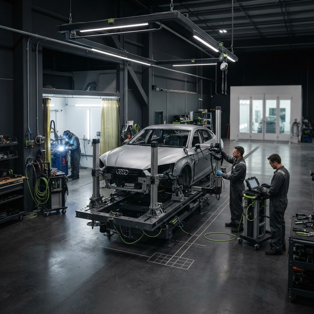 Canadian collision repair centre with frame repair bench and professional auto body equipment.