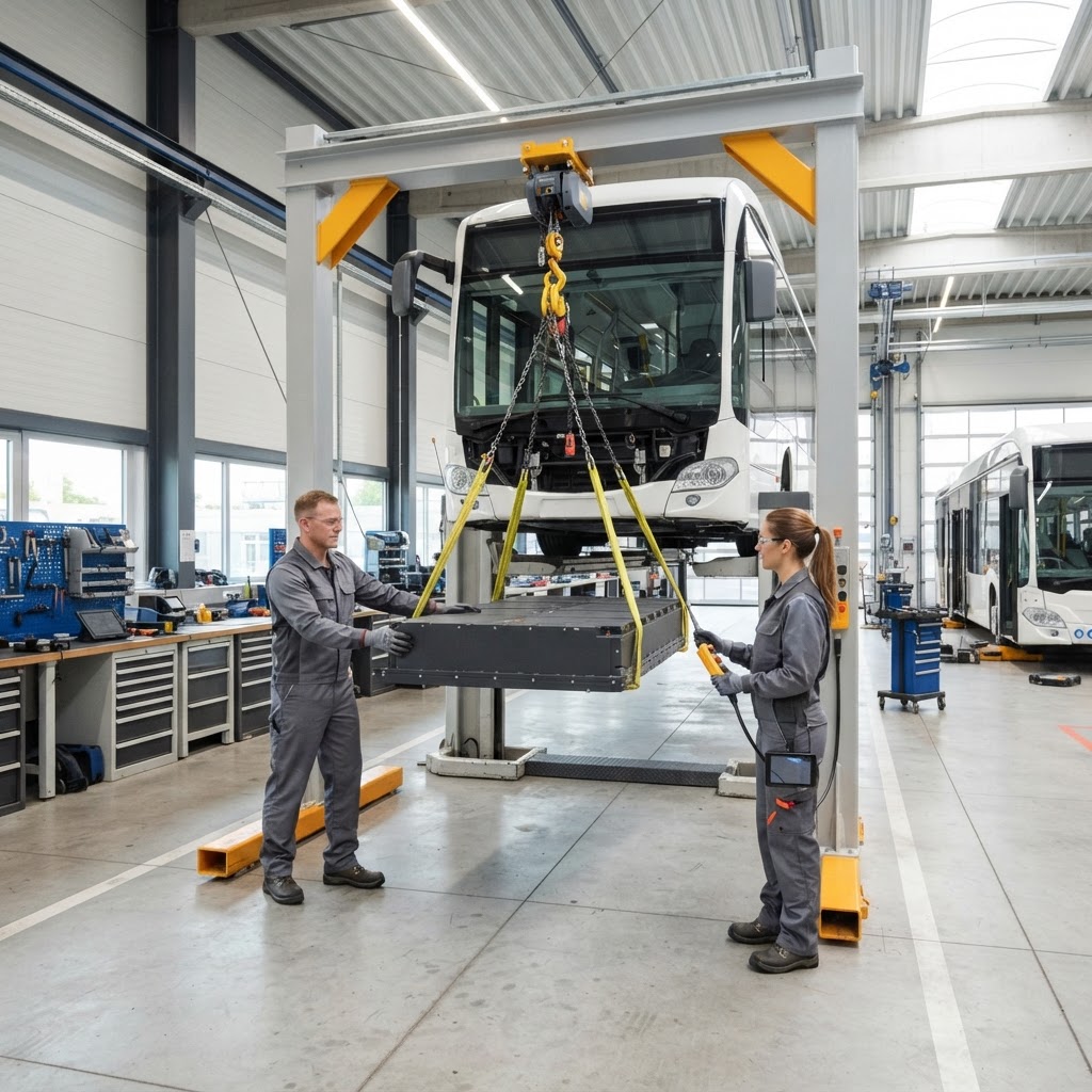 Heavy-duty battery pack handling gantry lifting a large electric bus battery pack in a bright modern service facility.