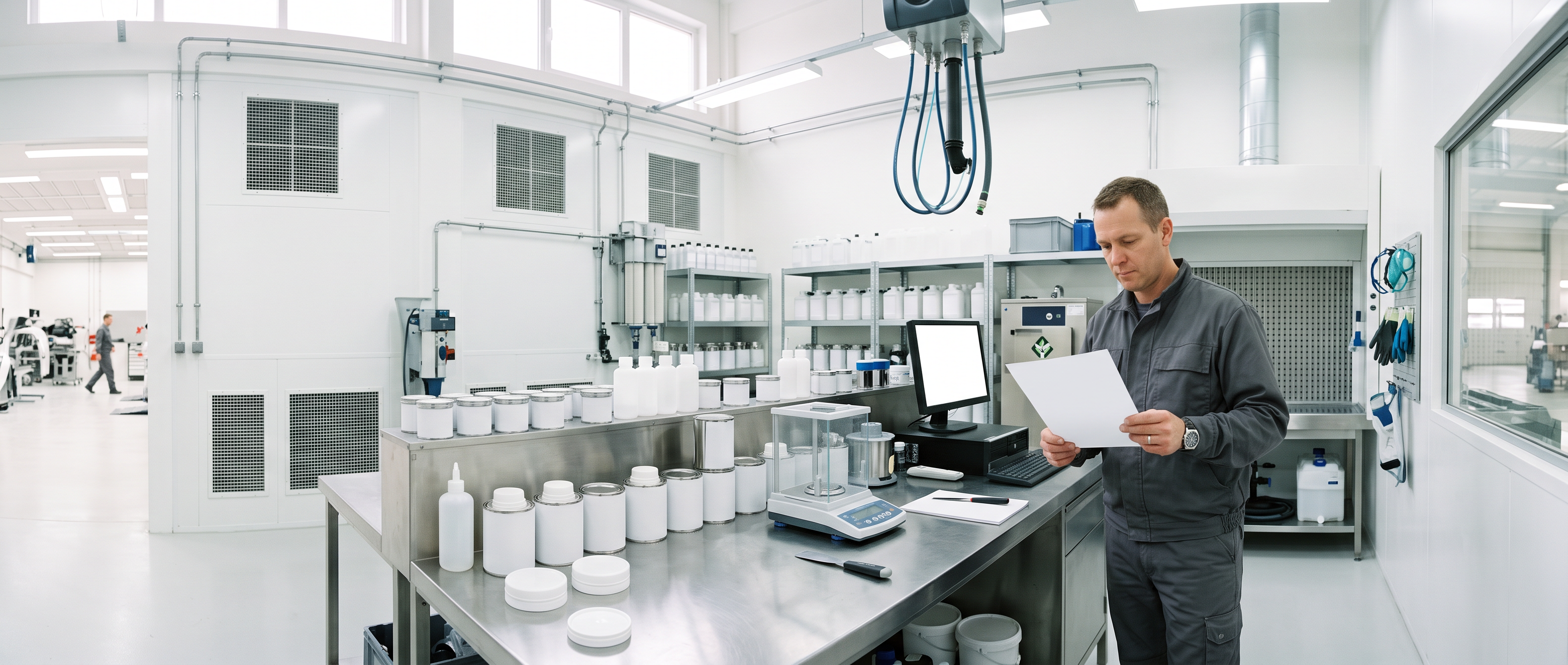 Clean ventilated paint mixing room with organized paint storage, a mixing bench and a scale in a professional refinish facility.