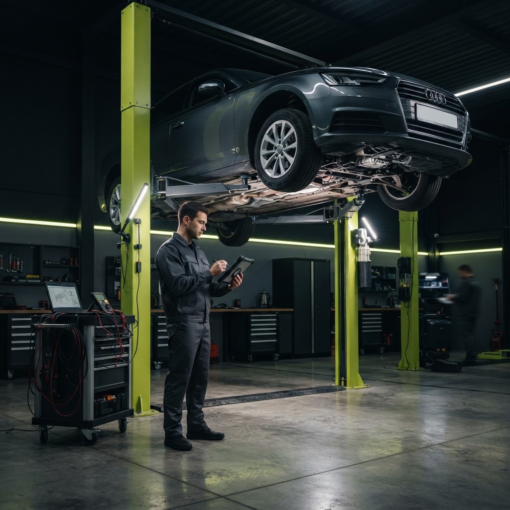 Technician documenting vehicle condition on a tablet beside a sedan raised on a lime-post vehicle lift under professional inspection lighting in a dark service bay.