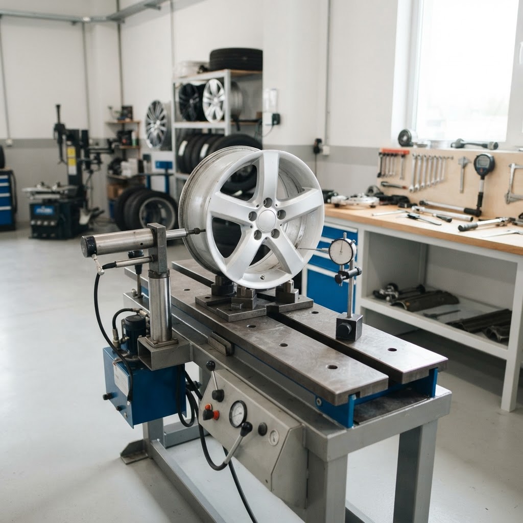 Alloy wheel straightening machine at rest with a silver wheel clamped upright and the hydraulic probe arm parked beside the rim in a bright wheel repair workshop.