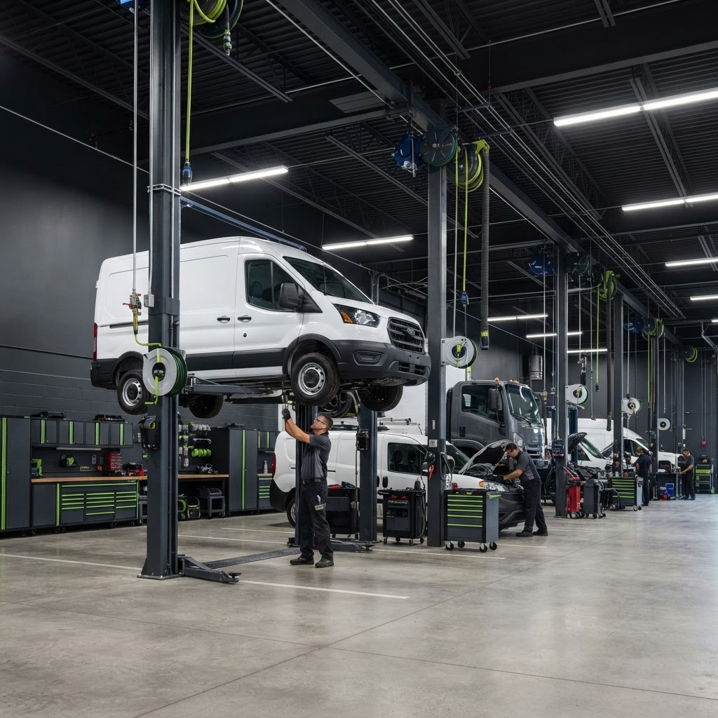 Commercial fleet maintenance facility with service bays and fleet vehicle repair equipment.