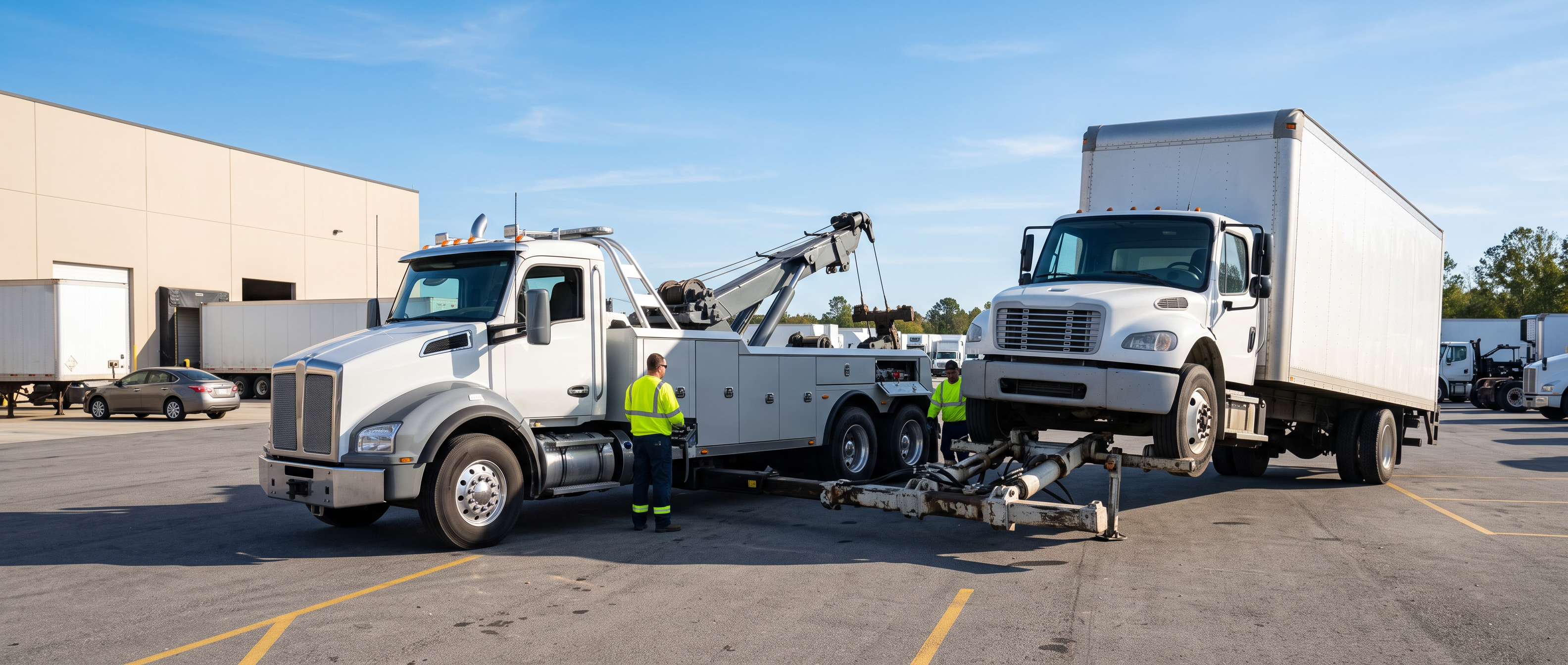 Heavy-duty wrecker supporting a vocational straight truck by the rear axle with its under-reach underlift in a bright transport yard.