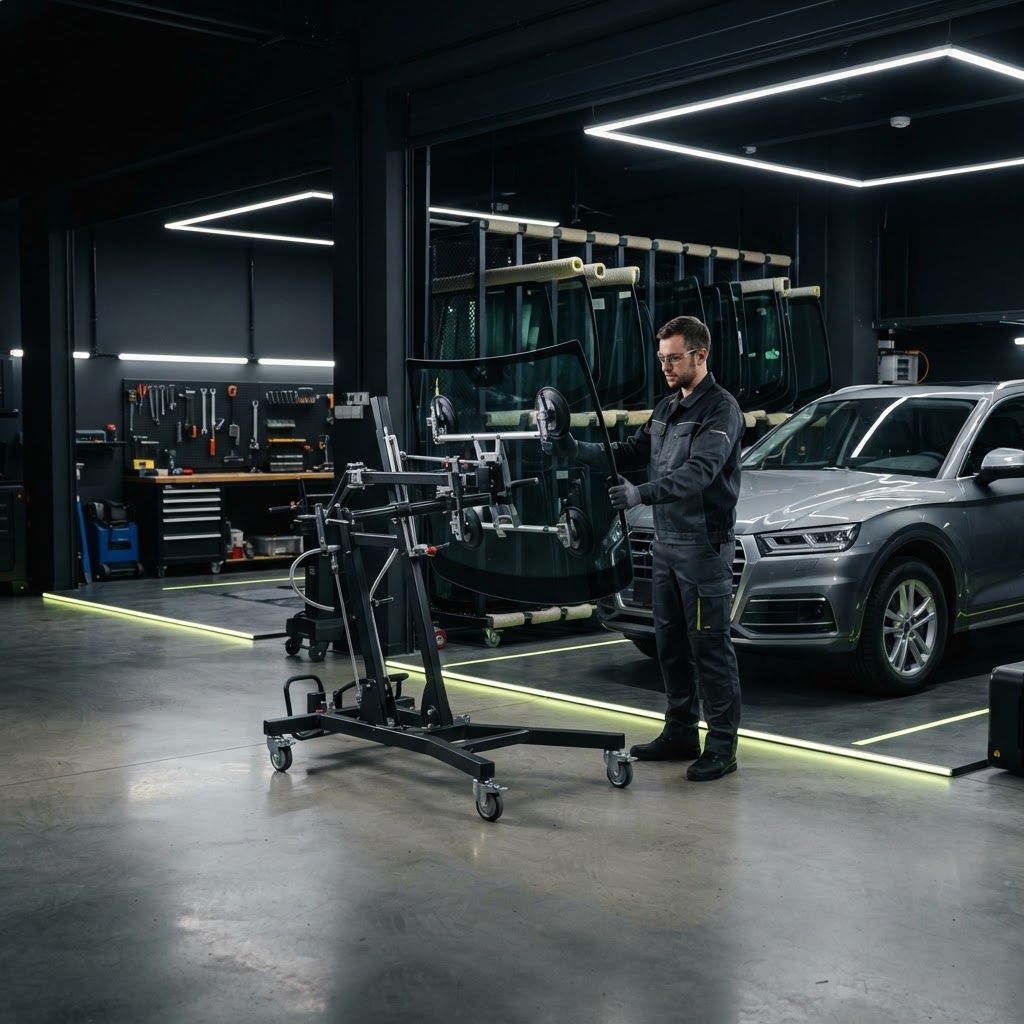 Technician beside a professional wheeled windshield handling system holding a glass panel upright in a clean automotive service bay.