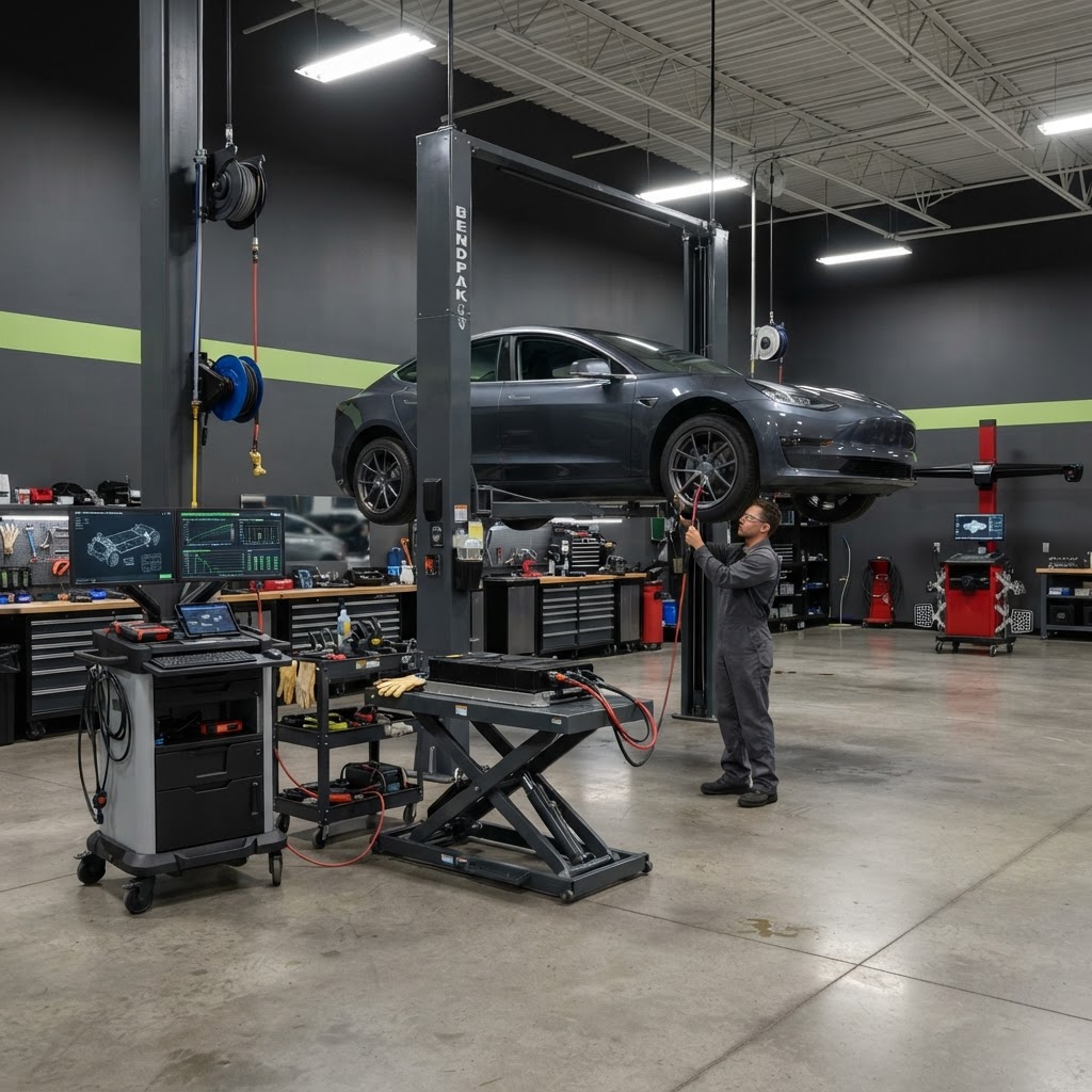 Modern EV and hybrid automotive service facility with professional diagnostic and service equipment.