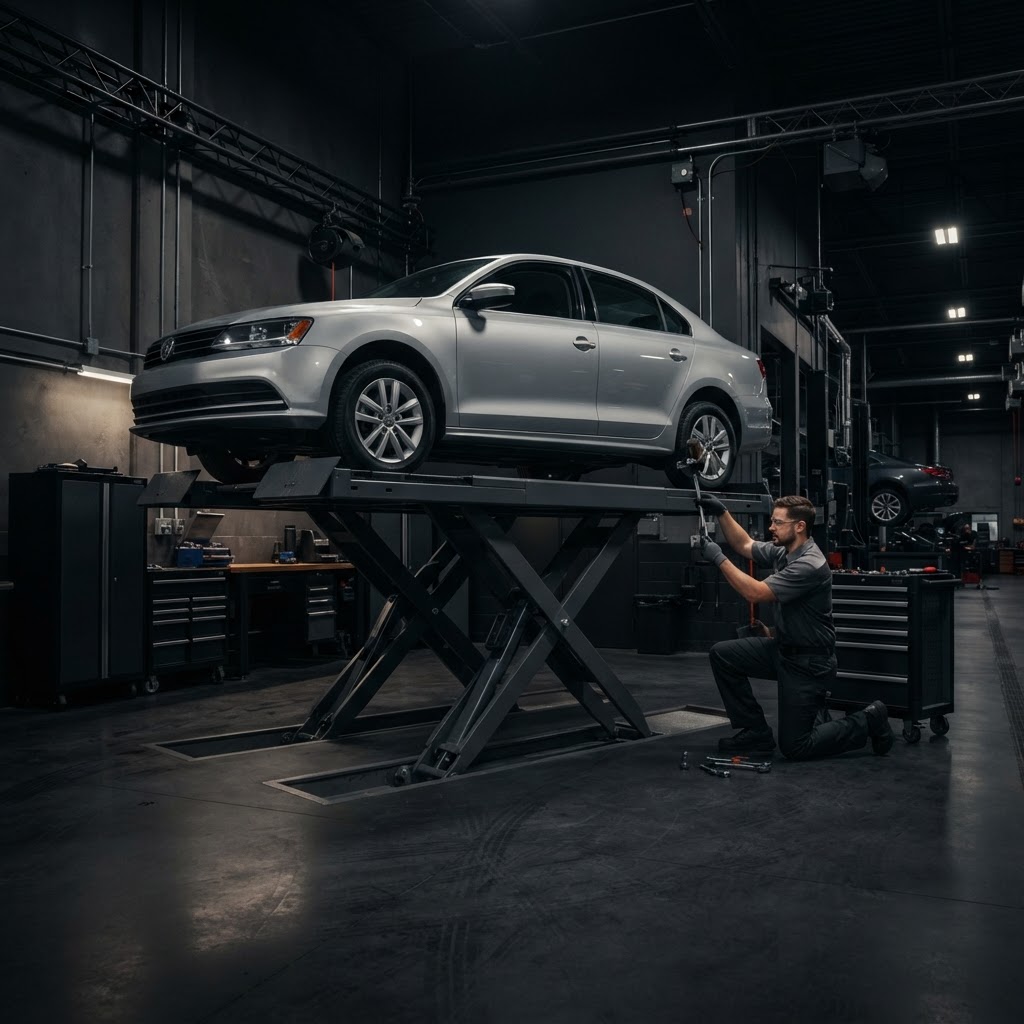 Professional mid-rise scissor platform lift raising a sedan in a modern service bay, the scissor mechanism visible beneath the platform.