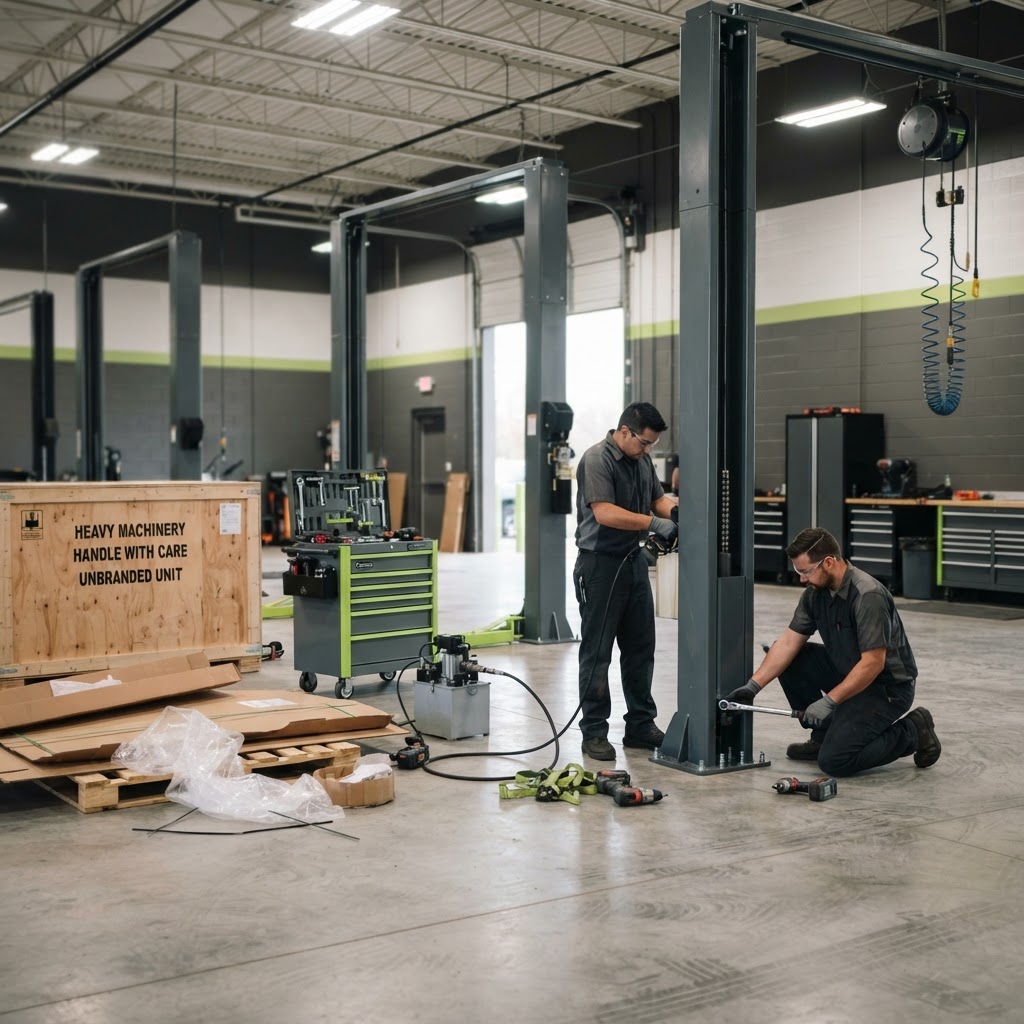 Installation & Freight in Equipment Financing | FixFin New vehicle lift being professionally installed in an automotive service bay.