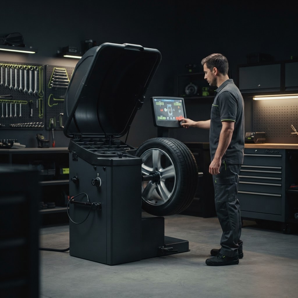 Professional computer wheel balancer with an alloy wheel mounted on its shaft, a technician consulting the console in a modern automotive shop.