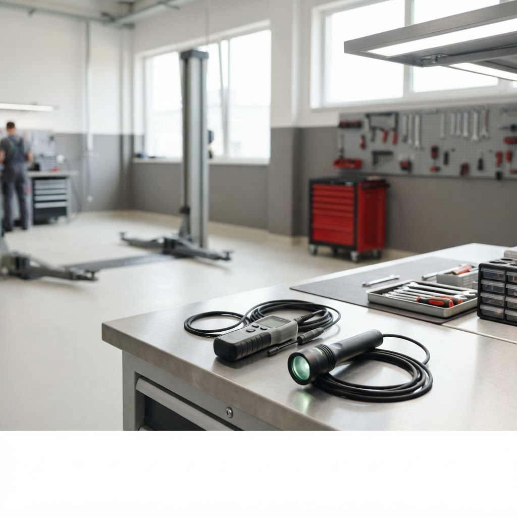 Professional electronic A/C leak detector and UV inspection lamp resting on a workbench in a bright modern service bay, organized diagnostic workstation nearby.