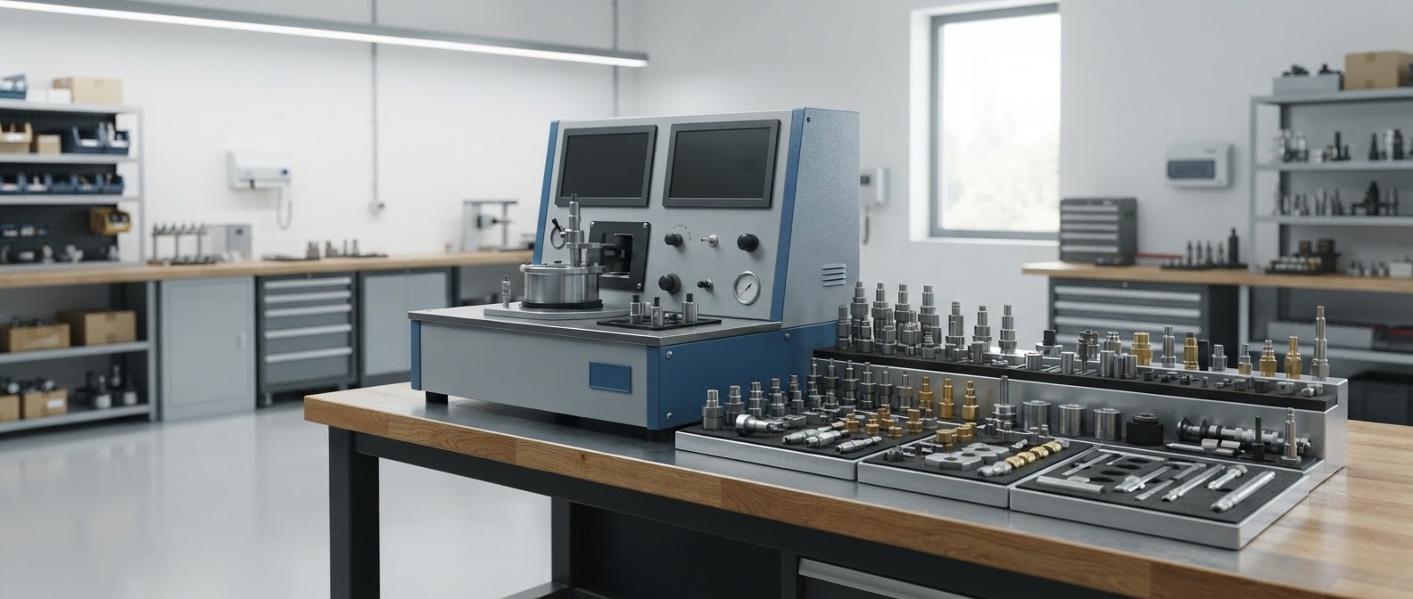 Professional fuel injector test bench at rest on a workbench in a bright clean workshop, neat rows of organized metal adapters and fixtures, screens dark and blank.