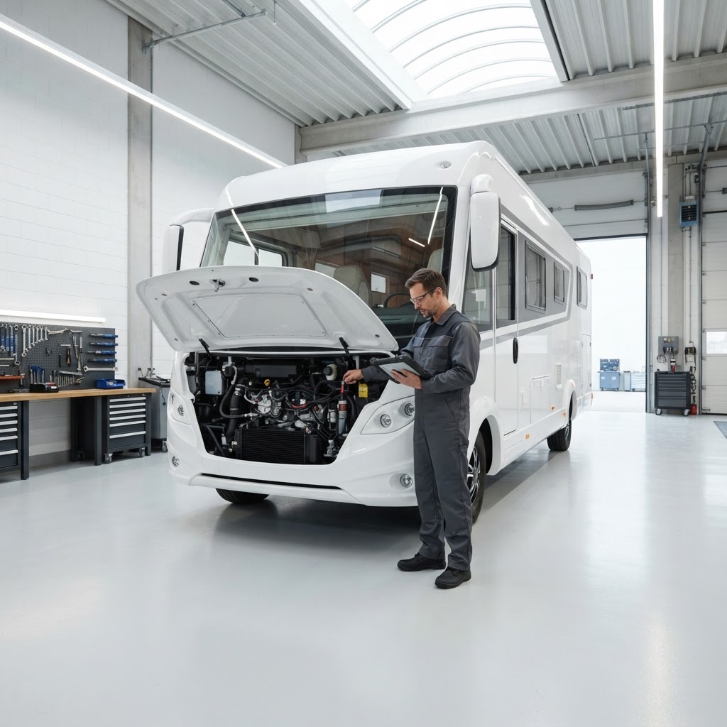 Bright modern motorhome service bay with a large Class A motorhome and a technician using a diagnostic tablet.