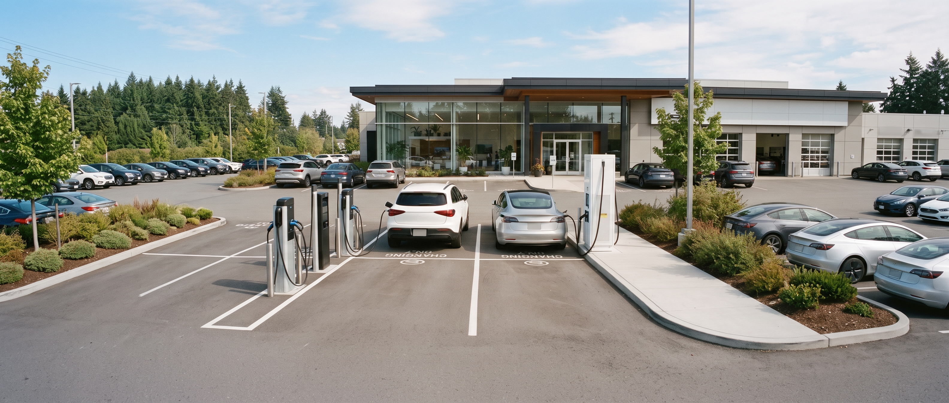 Wide daylight view of a modern dealership property with two white charging cabinets on a concrete island, a plain white electric SUV and a plain silver electric sedan charging in marked stalls near a glass building.