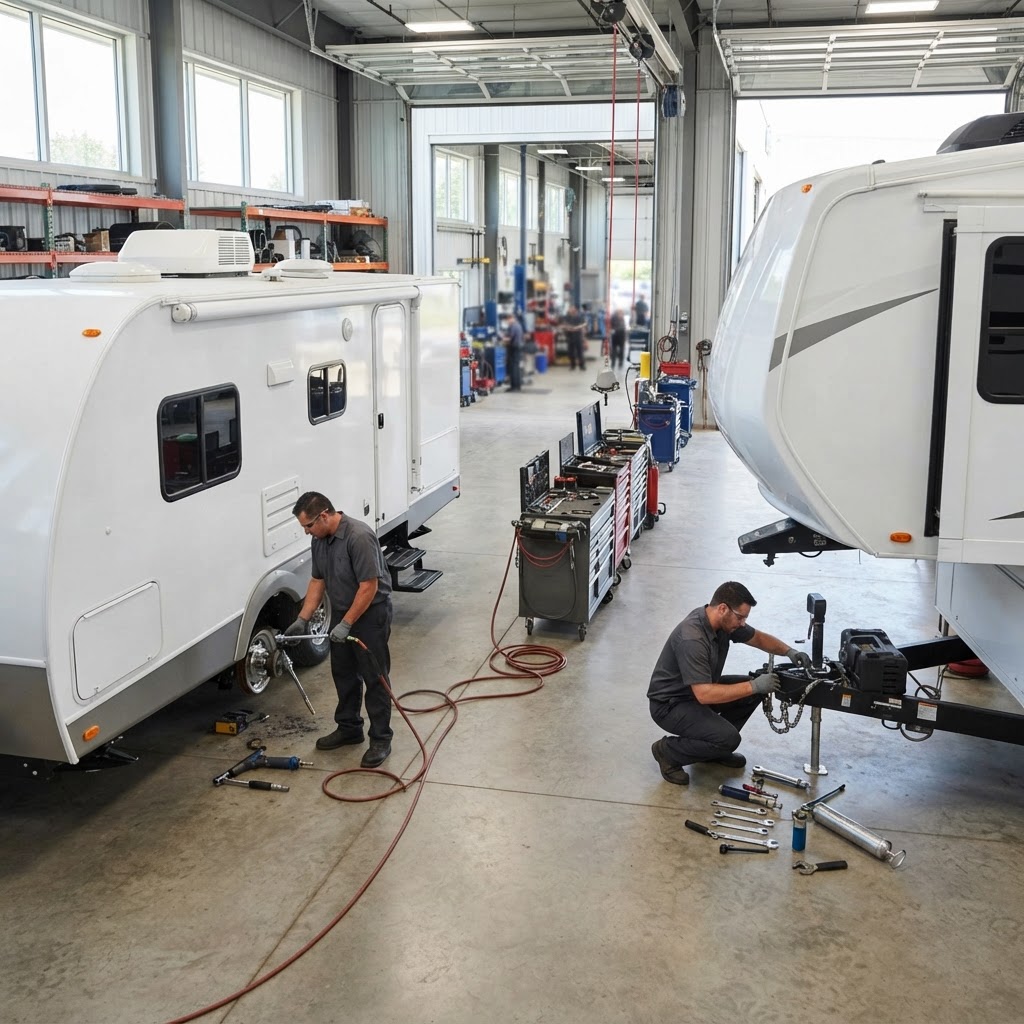 Bright RV service facility with a travel trailer and fifth-wheel trailer receiving wheel and hitch-area service.