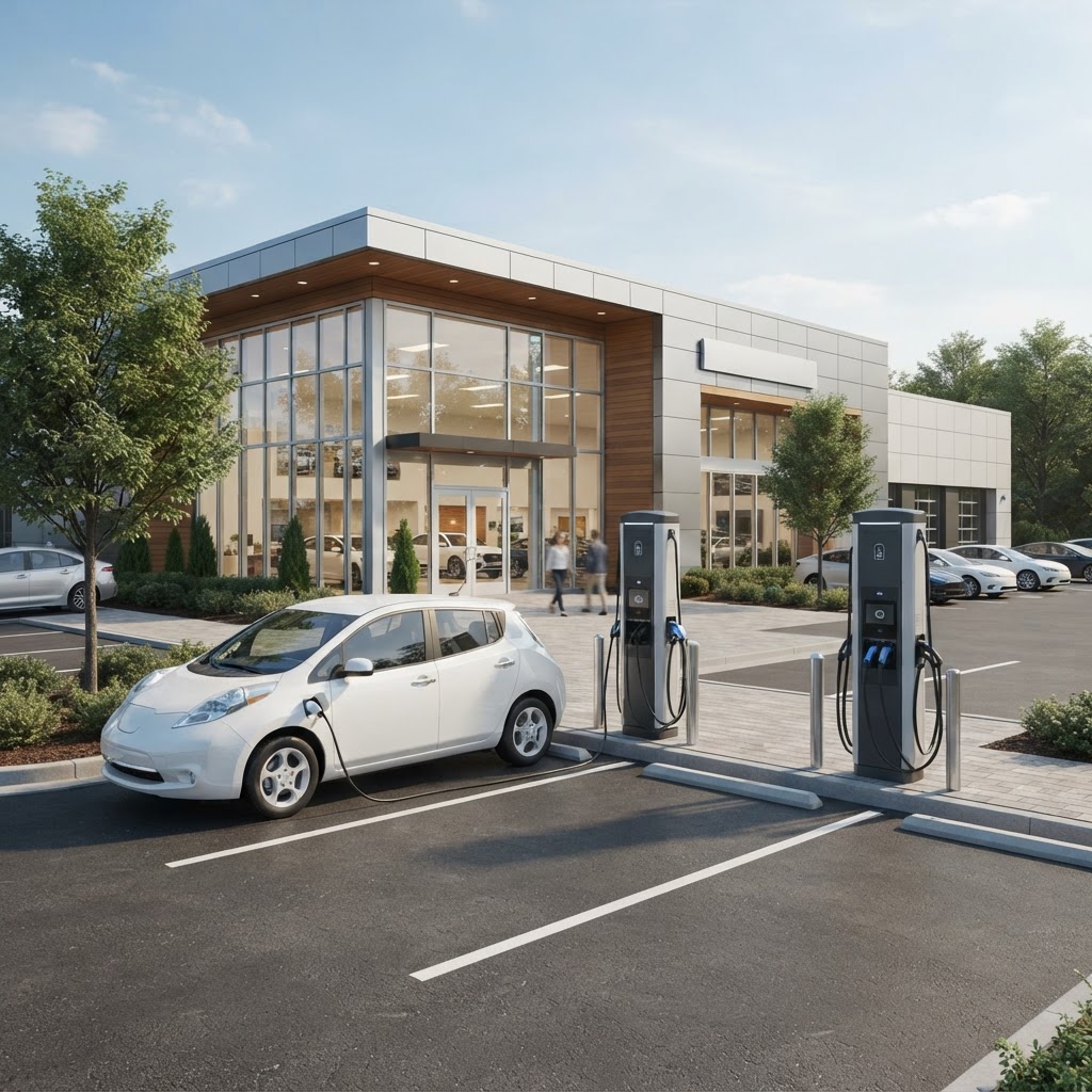 Modern dealership front lot with two unbranded commercial charging stations near the entrance, a plain white electric car charging in a customer stall.