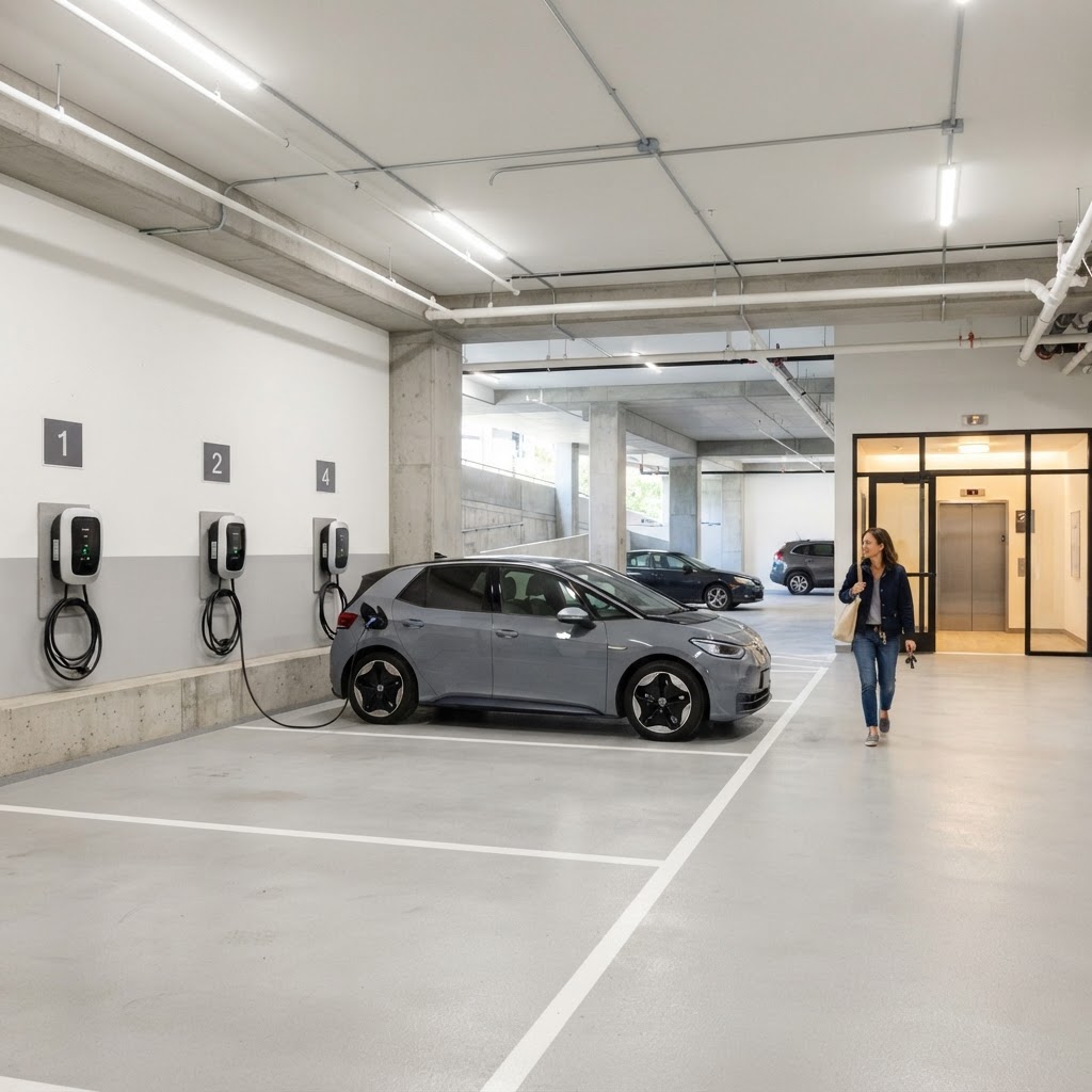 Bright, clean apartment parking level with numbered wall-mounted Level 2 charging units, a plain electric hatchback charging and a resident walking toward the elevator lobby.