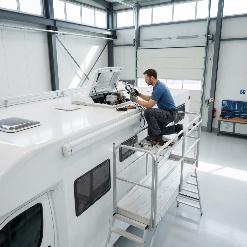 Technician servicing the rooftop air-conditioning unit of a motorhome with professional diagnostic equipment in a bright service bay.