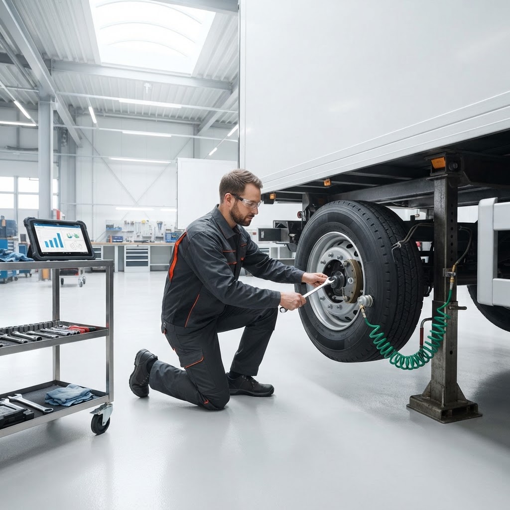 Trailer brake and ABS service equipment guide Technician servicing trailer brake and ABS components on a semi-trailer axle raised on stands.