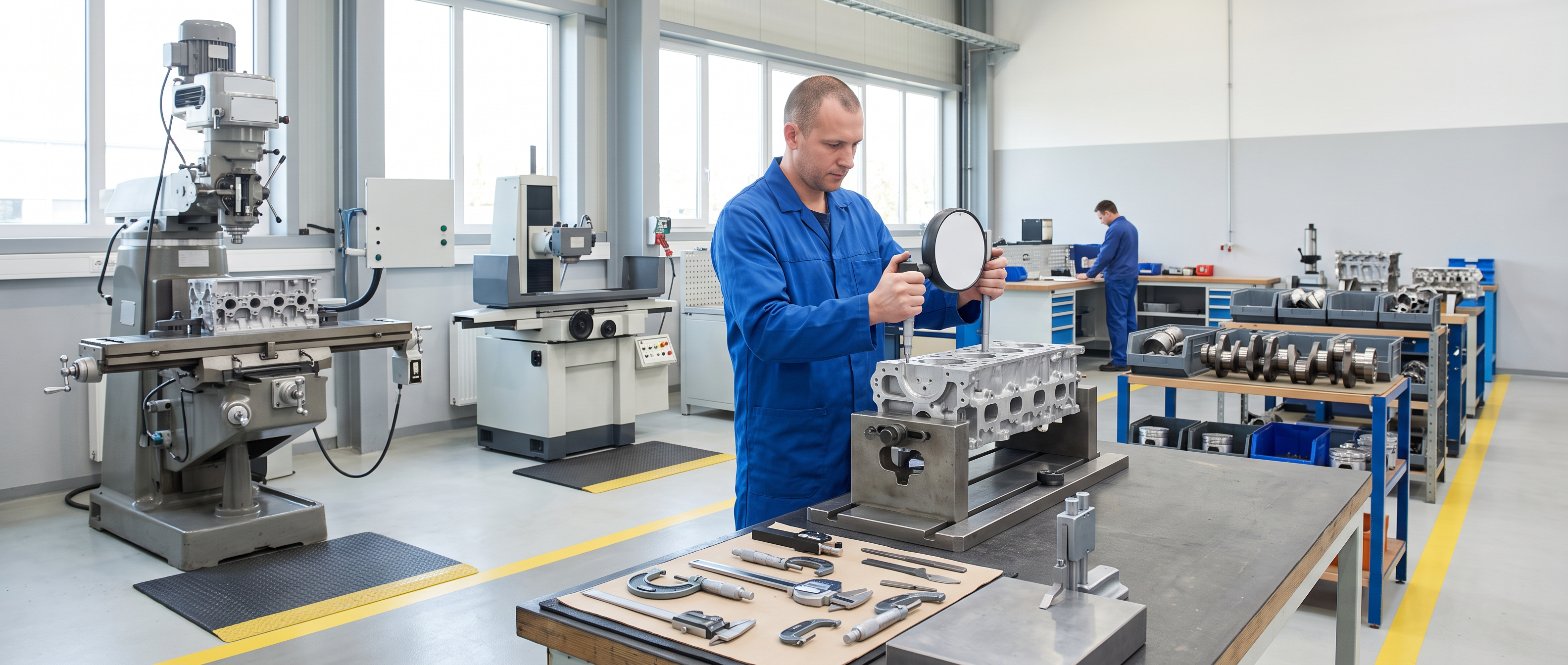 Cylinder head secured in a clamping fixture on a workbench while a technician measures it with a dial gauge in a bright inspection area.
