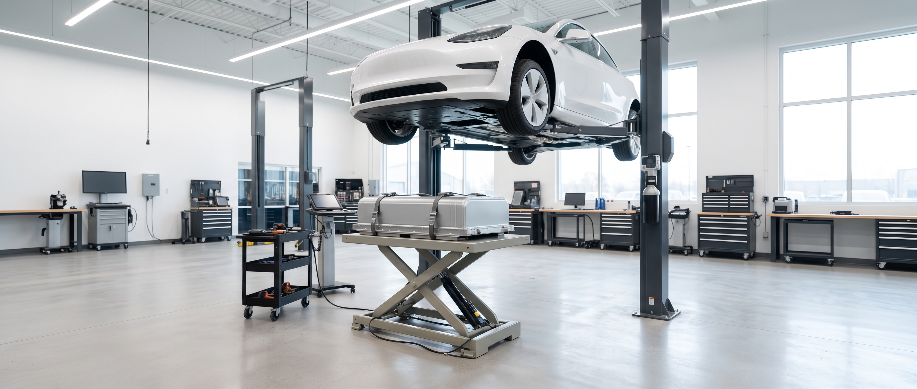 Professional EV battery lift table fully supporting an enclosed battery pack at working height beside a plain electric car on a lift in a bright service bay.