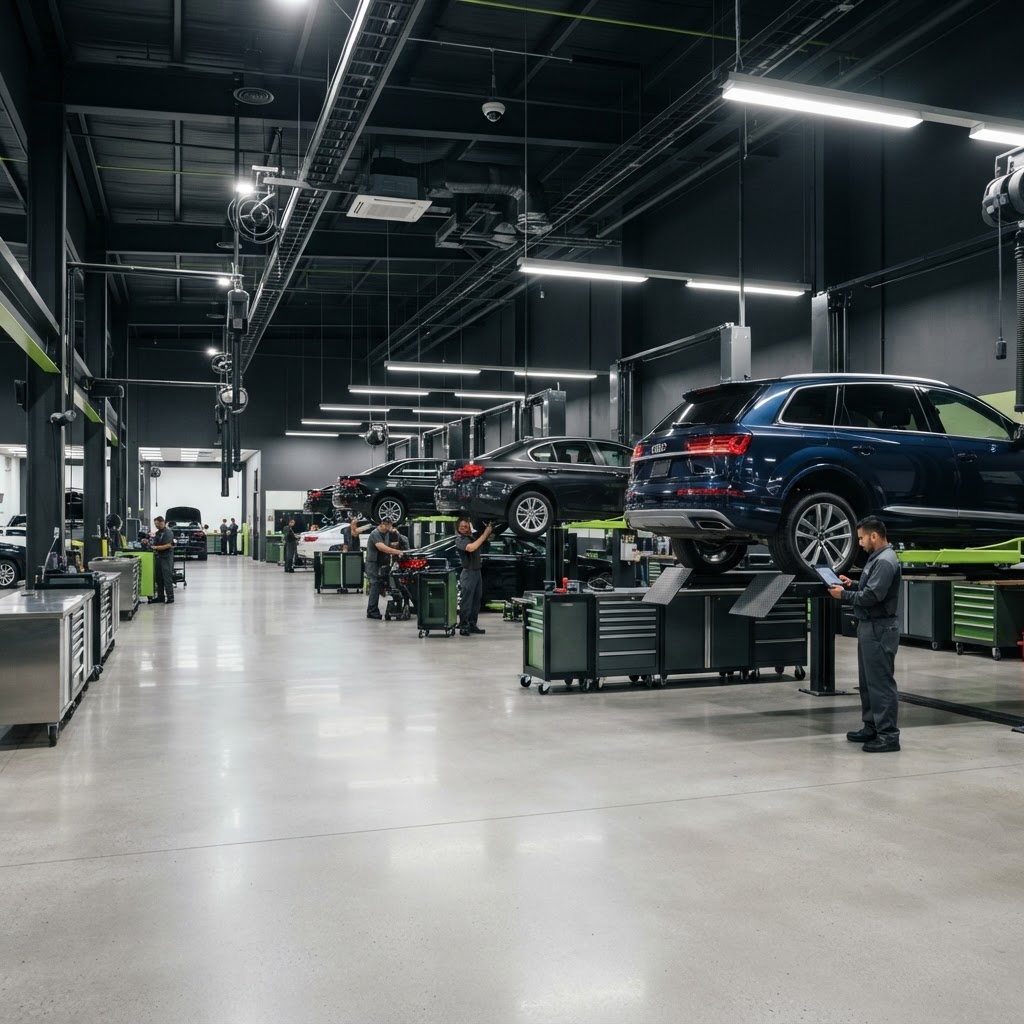 Modern dealership service department with vehicle lifts and professional automotive service equipment.
