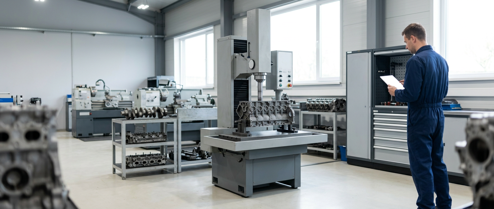 Bright precision machine shop with a vertical honing machine at rest and an engine block resting on a separate bench, a technician reviewing a tablet nearby.