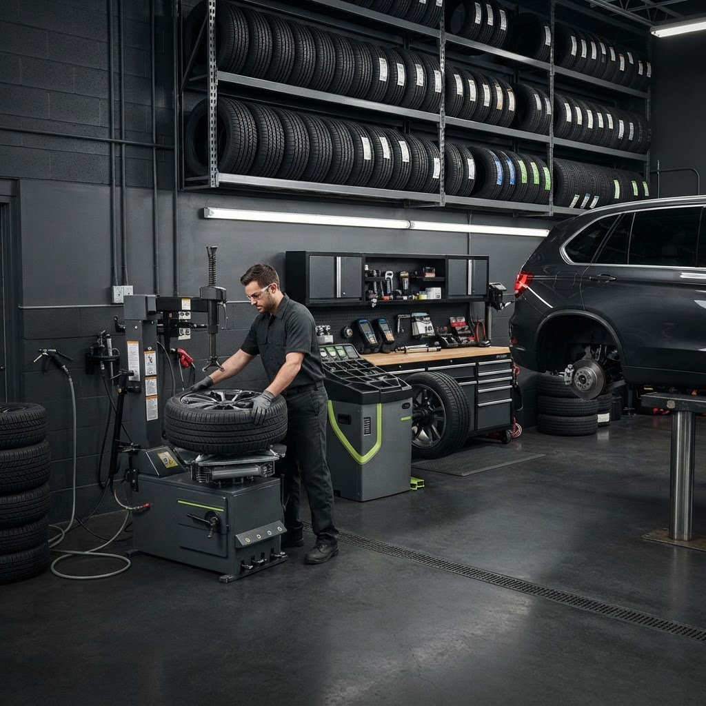Commercial tire shop with tire changer, wheel balancer and automotive tire service equipment.