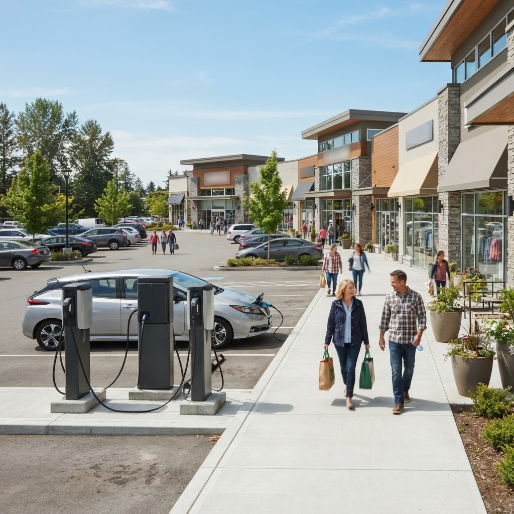 Clean shopping plaza parking area with a row of unbranded commercial charging stations near the entrance, a plain electric hatchback charging and shoppers walking.