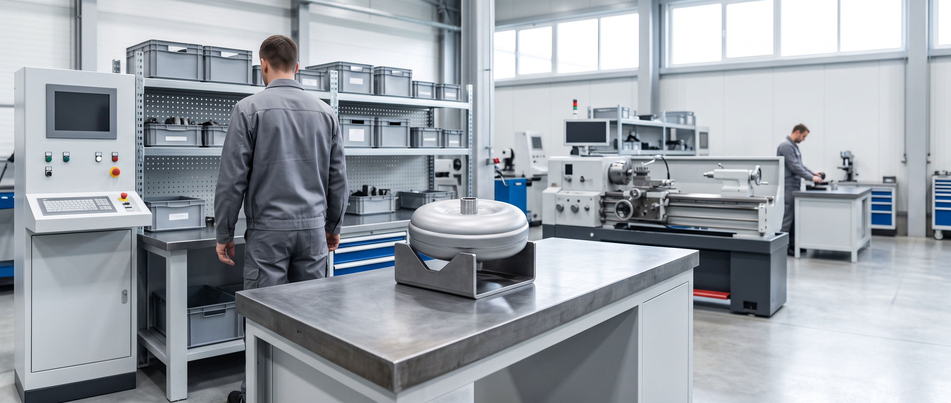 Torque Converter Rebuilding Equipment Guide Canada Torque converter rebuilding station with a sealed silver torque converter resting in a steel cradle on a heavy workbench, shelving with plain bins and a technician standing beside the bench.