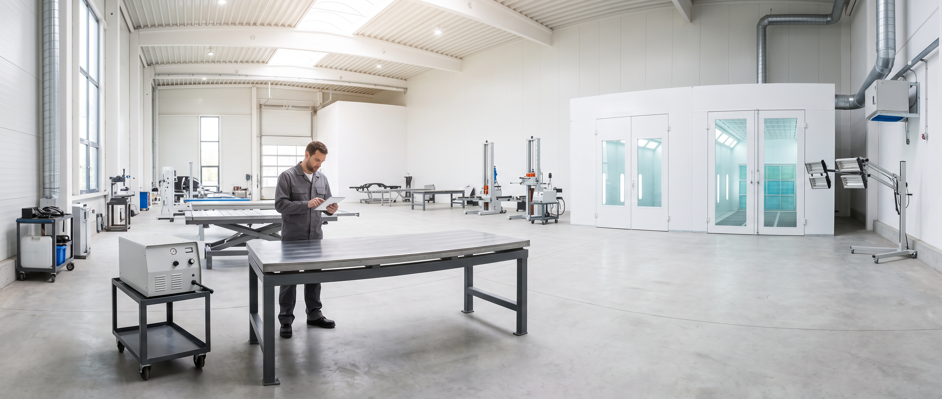 Bright professional collision facility with a technician reviewing equipment on a tablet beside an enclosed paint booth and infrared curing equipment.