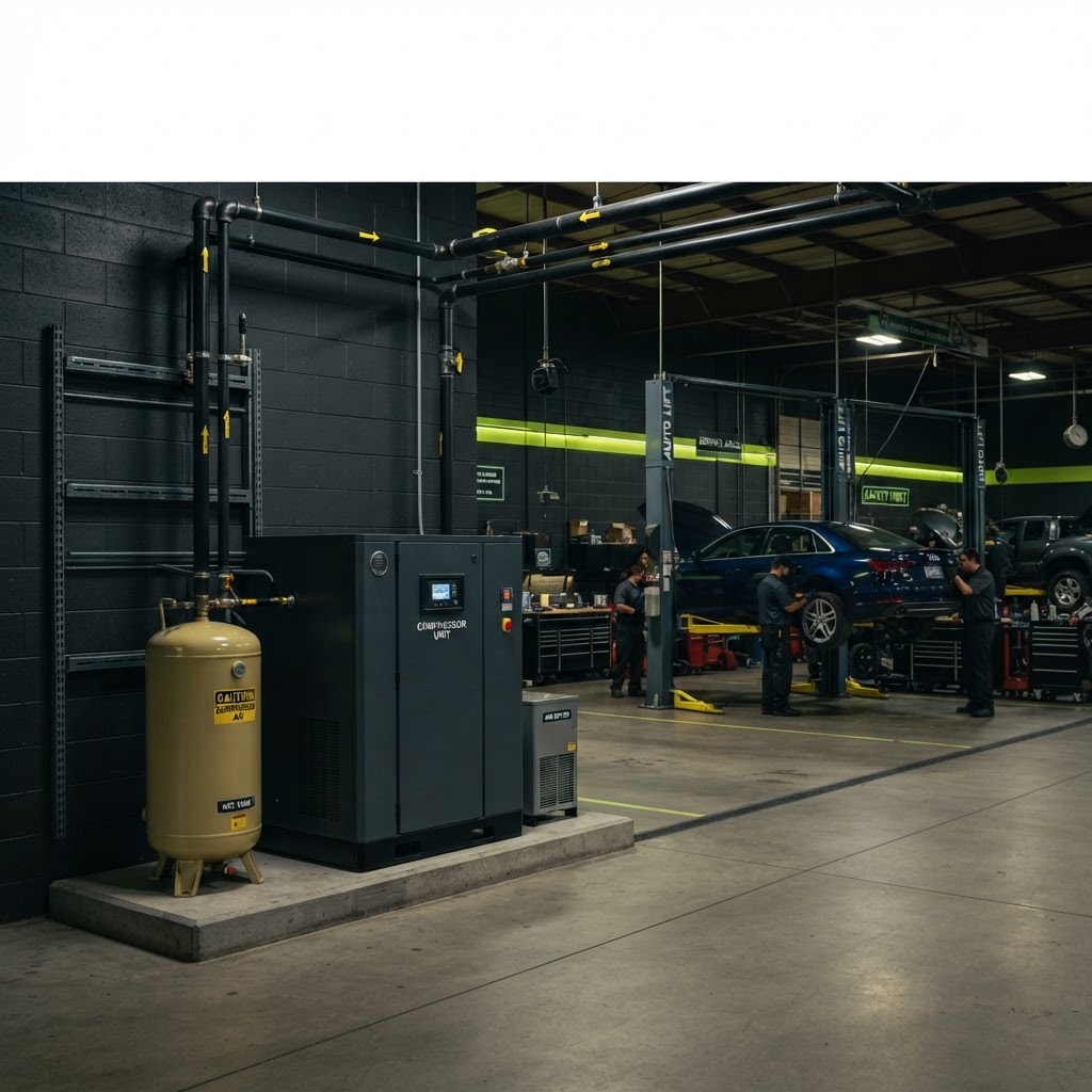 Professional automotive shop air system with a rotary screw compressor, air receiver and dryer installed beside service bays with a vehicle on a lift.