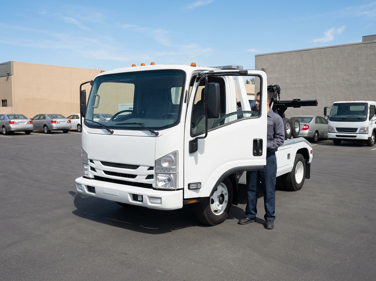 Clean white cab-over light-duty tow truck seen from the front three-quarter angle in a bright yard, operator in plain workwear standing beside the door.