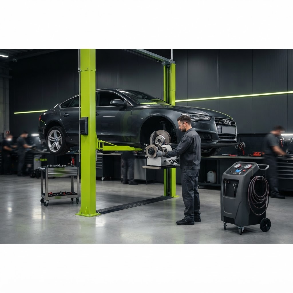 Premium automotive maintenance bay with a sedan on a lime-post vehicle lift, an on-car brake lathe mounted at the brake hub, and a professional fluid-exchange machine beside it, technician working.