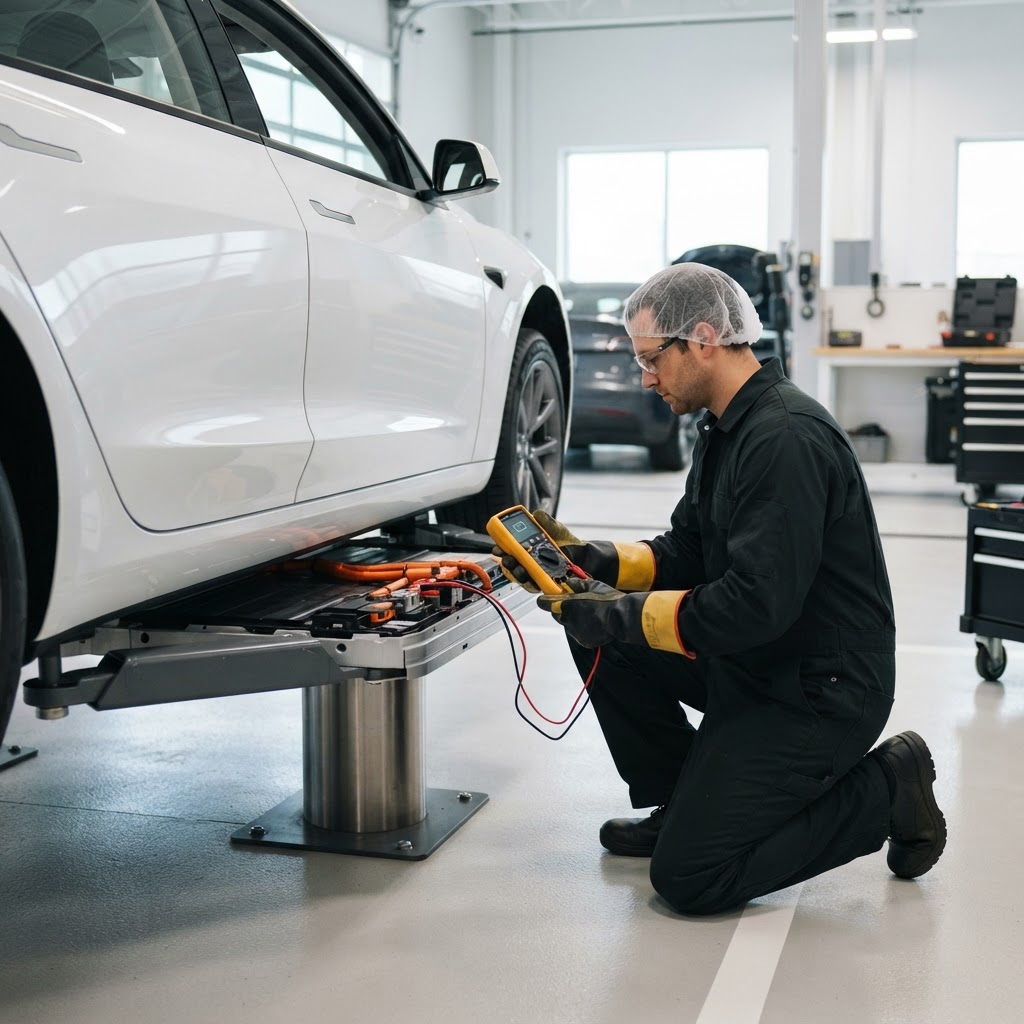 Technician wearing protective gear using a professional high-voltage multimeter to test an electric-vehicle component at a bright workbench.