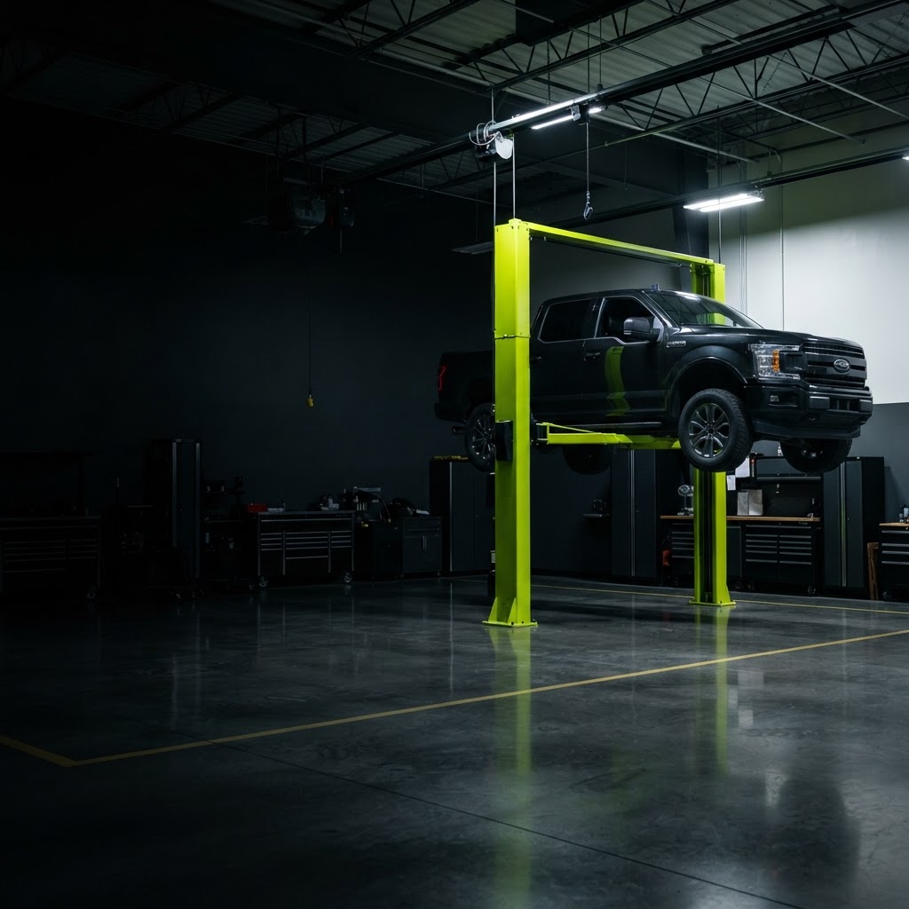 Modern automotive repair shop with a vehicle elevated on a lime-green two-post lift