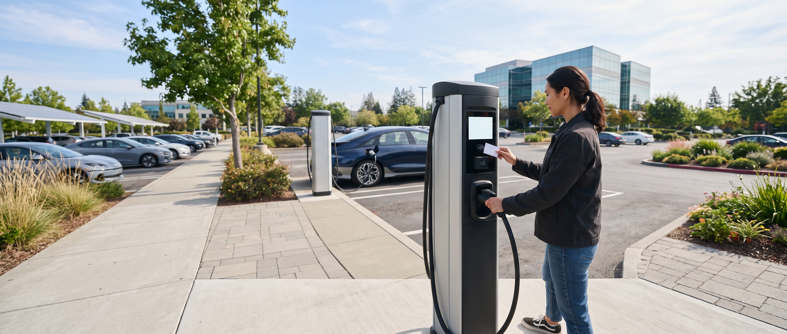 Wide view of a modern commercial charging pedestal with a payment card-reader panel and blank display screen, a driver tapping a plain blank card, a second pedestal with an electric car charging behind.