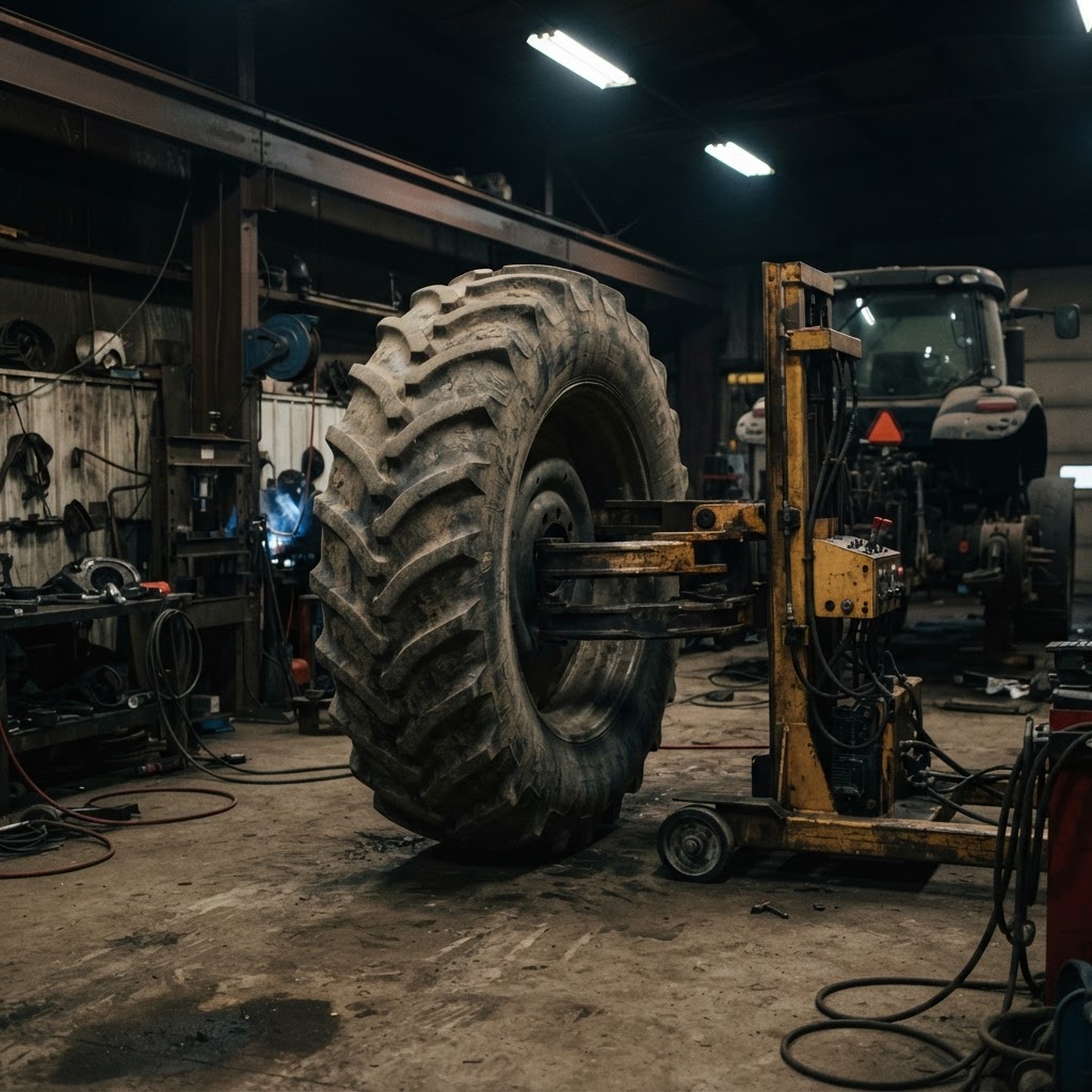 Tire manipulator machine handling a very large agricultural tractor tire and wheel inside a service shop.