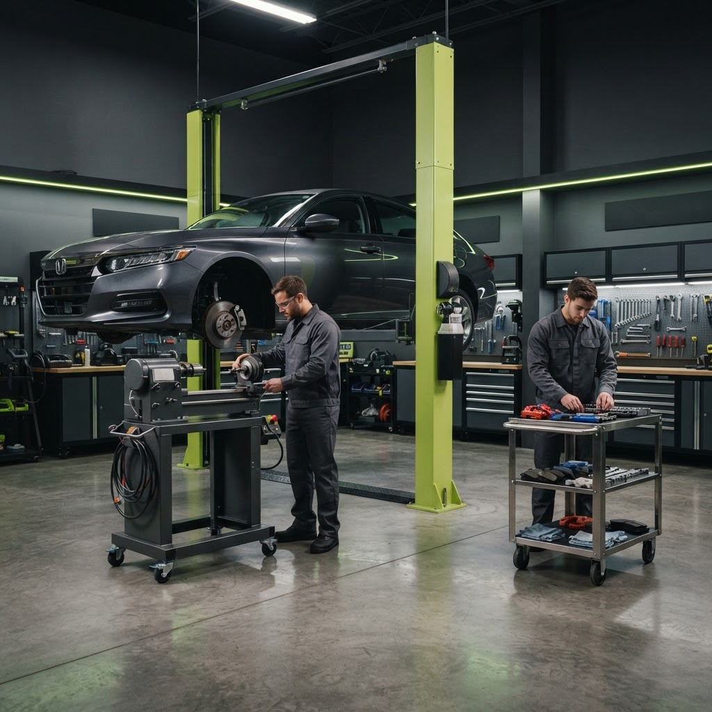 Technicians positioning a professional on-car brake lathe beside a sedan on a two-post lift with a wheel removed at the front hub.