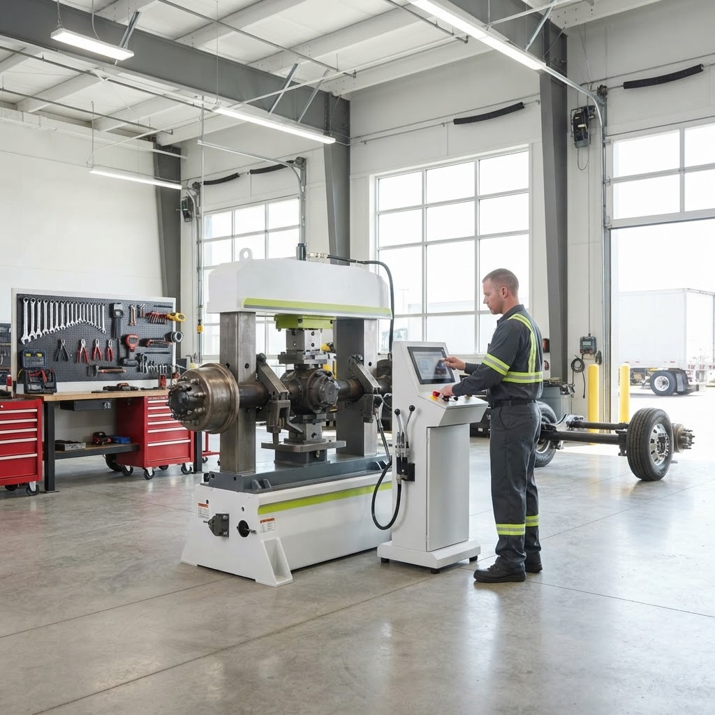 Hydraulic axle straightening press with a trailer axle beam positioned inside a professional trailer repair shop.
