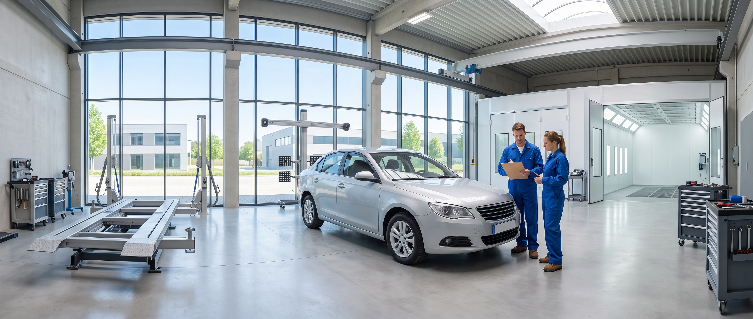 Bright modern dealership collision centre bay with a generic vehicle and technicians reviewing a clipboard in a glass-walled facility.