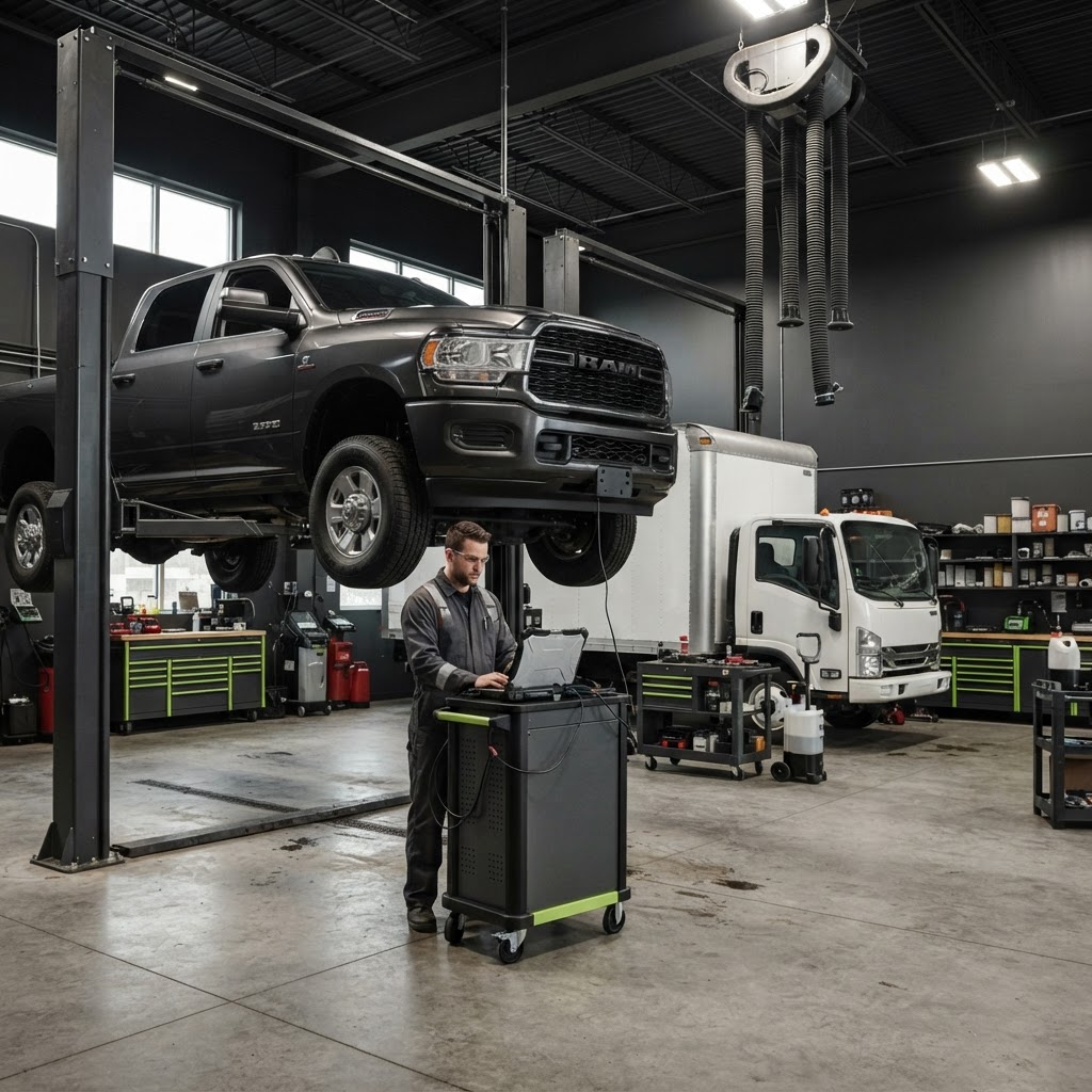 Diesel repair facility with commercial diesel vehicle on a lift and professional shop equipment.