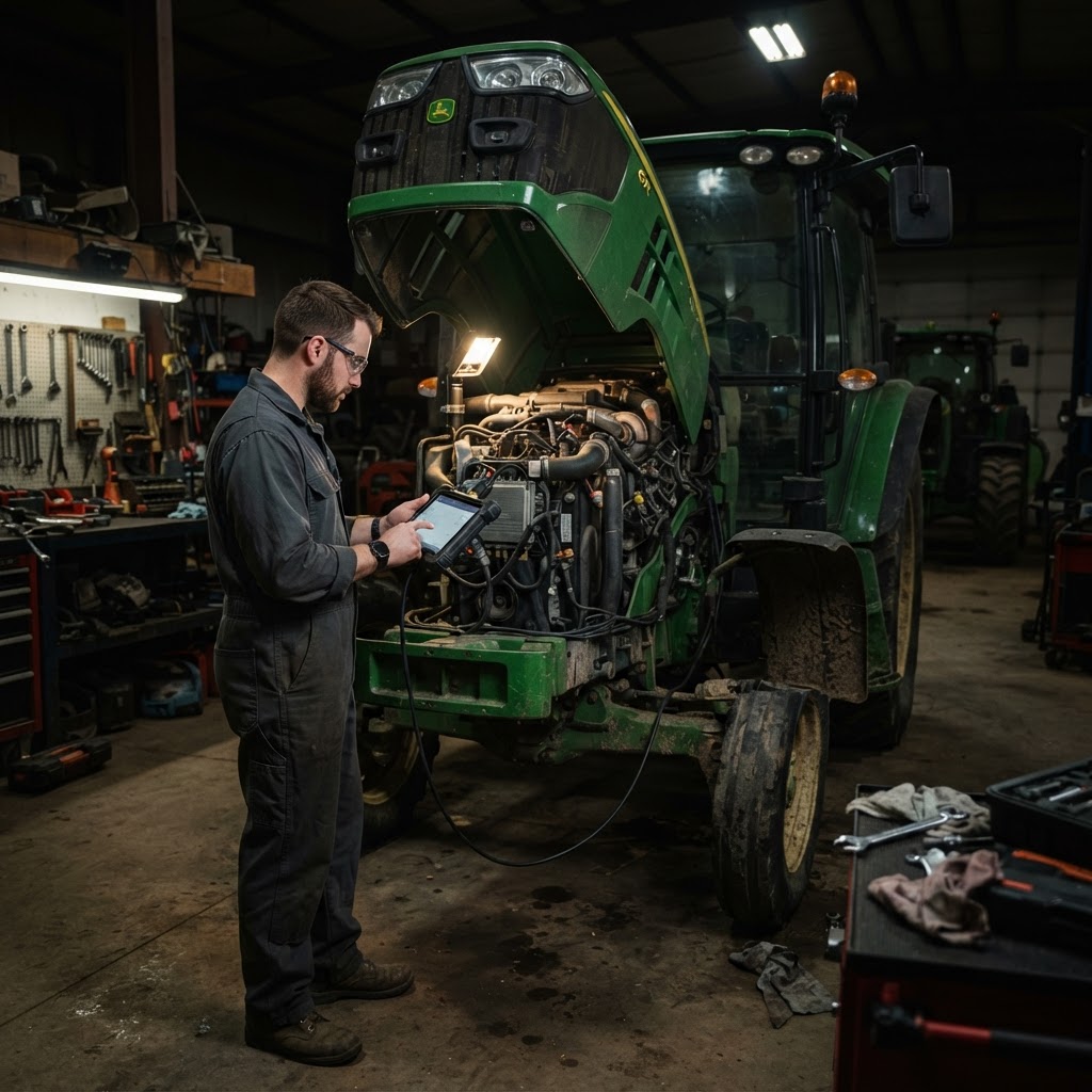 Technician using a rugged diagnostic tablet connected to a modern tractor inside a professional repair shop.