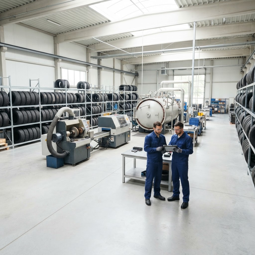 Bright modern tire retreading facility with organized tire casings staged on steel racks and retread machinery at middle distance.