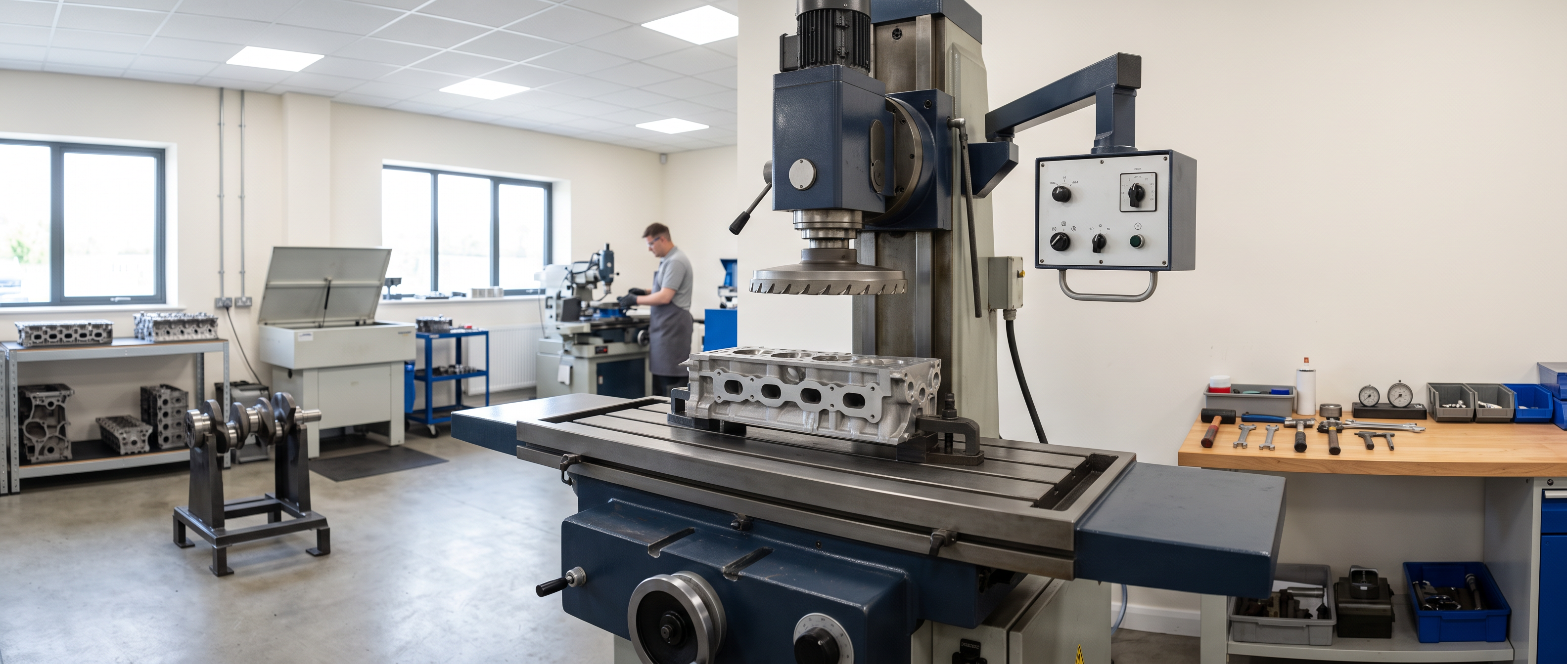 Cylinder Head Machine Shop Equipment Guide Canada Cylinder head resurfacing machine at rest in a bright machine shop with a cylinder head clamped flat on the machine table and the cutter head positioned above.