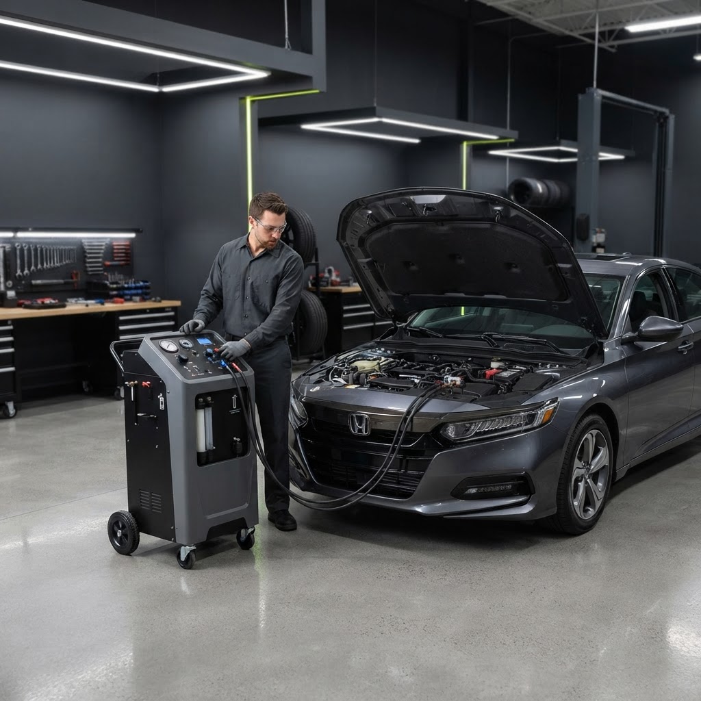 Professional coolant exchange machine with digital control panel beside a sedan with its hood open in a clean commercial service bay, technician monitoring.